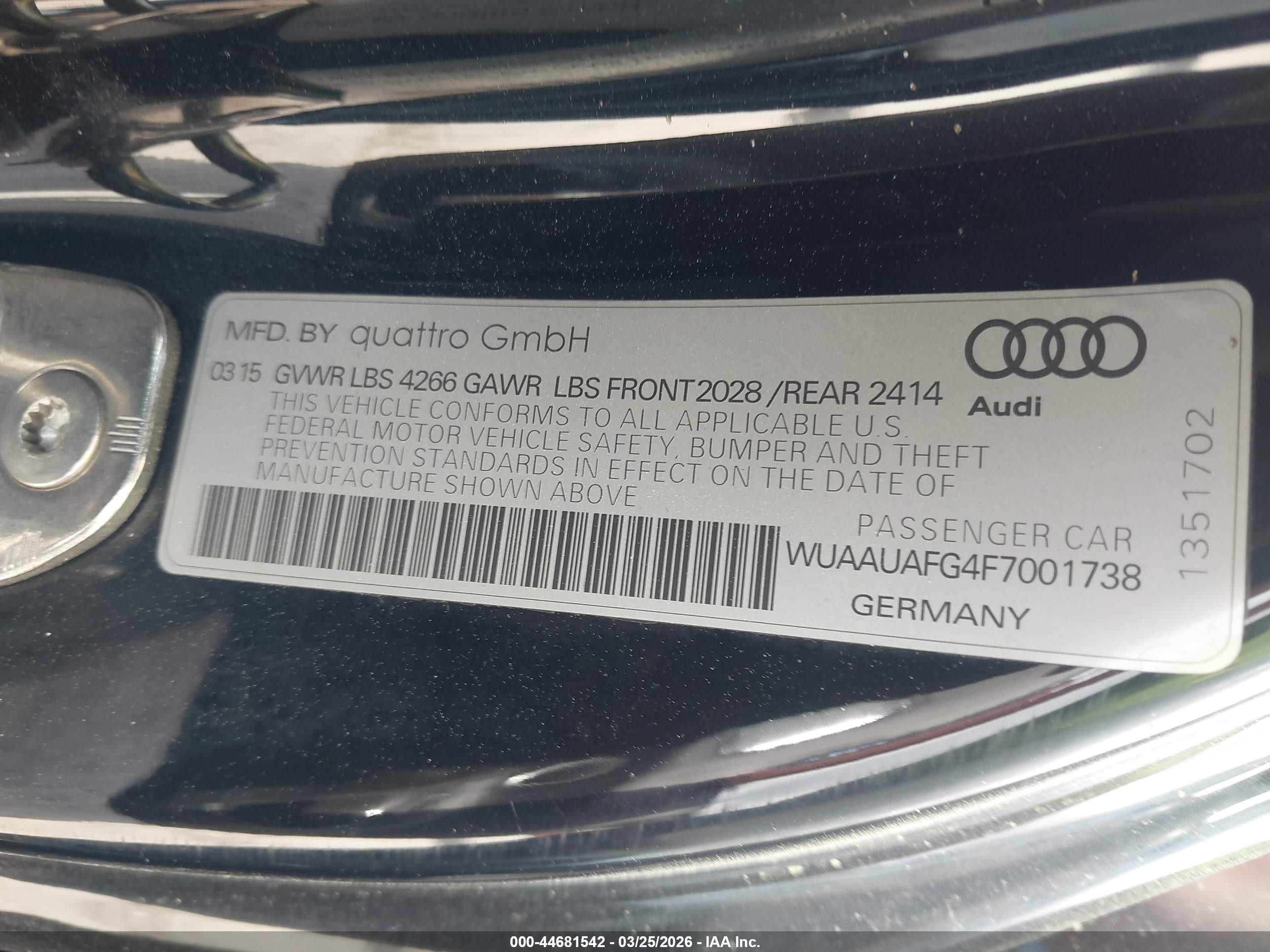 2015 Audi R8 4.2 Black vin: WUAAUAFG4F7001738