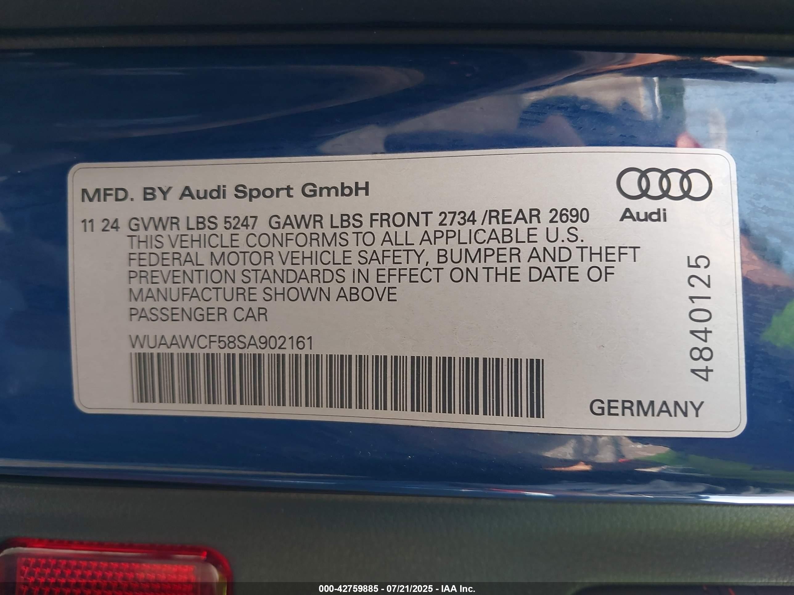 2025 Audi Rs 5 Sportback Tfsi Quattro Tiptronic Blue vin: WUAAWCF58SA902161