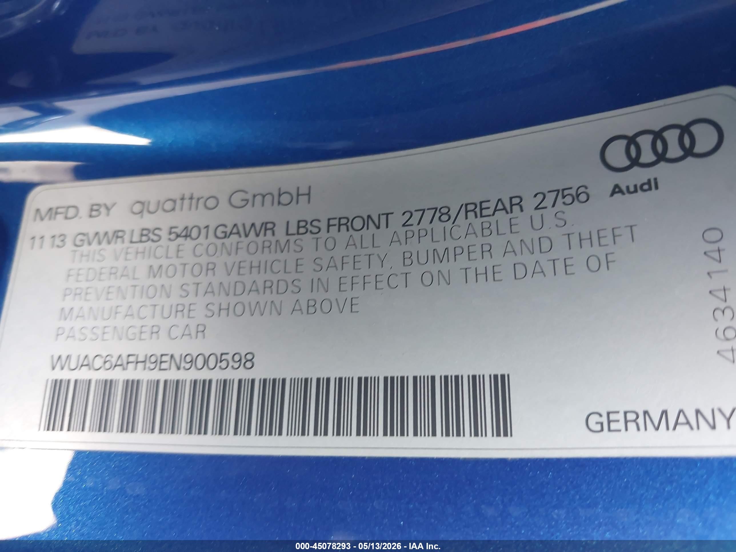 2014 Audi Rs 5 4.2 Blue vin: WUAC6AFH9EN900598