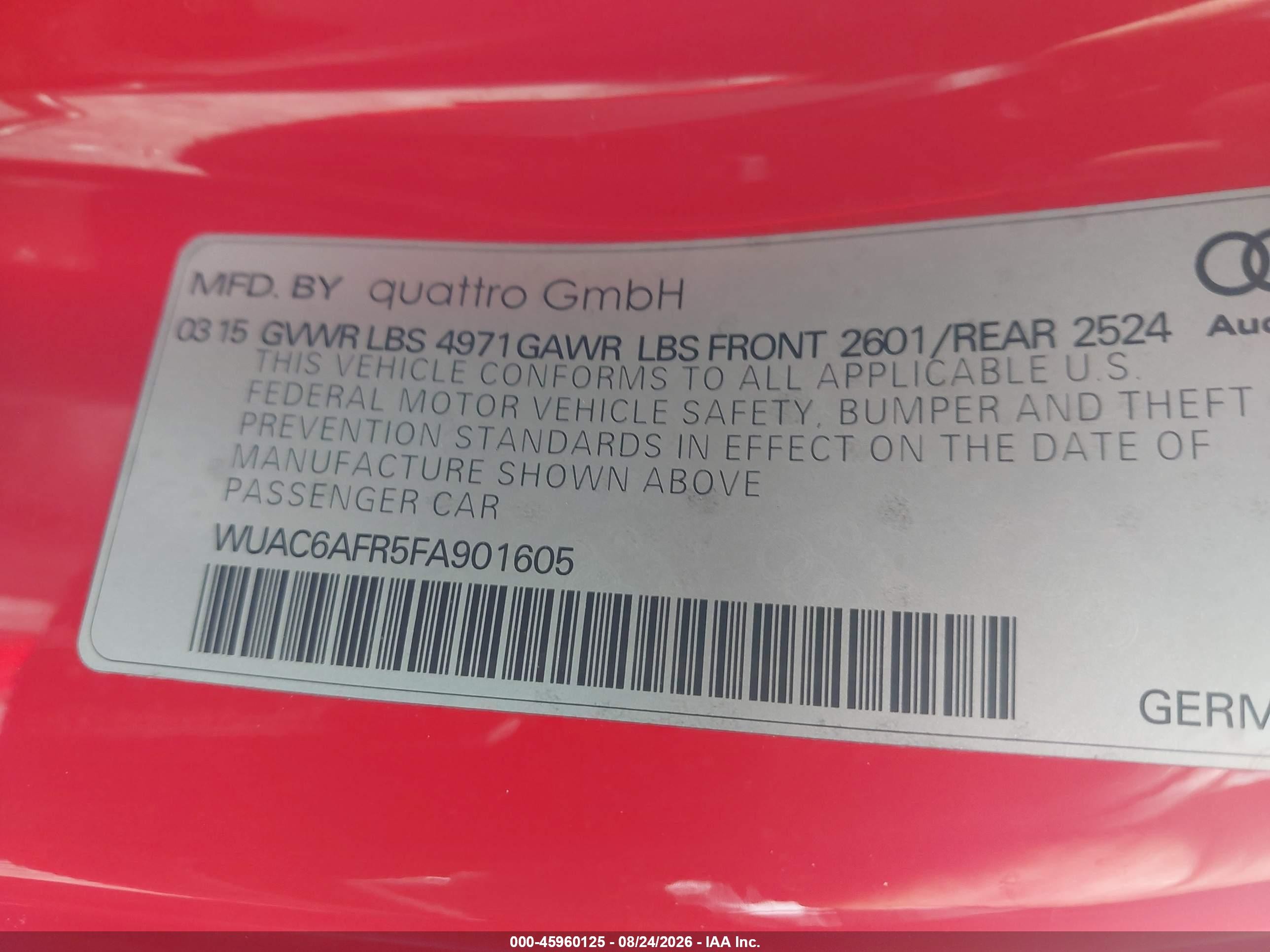 2015 Audi Rs 5 4.2 Red vin: WUAC6AFR5FA901605