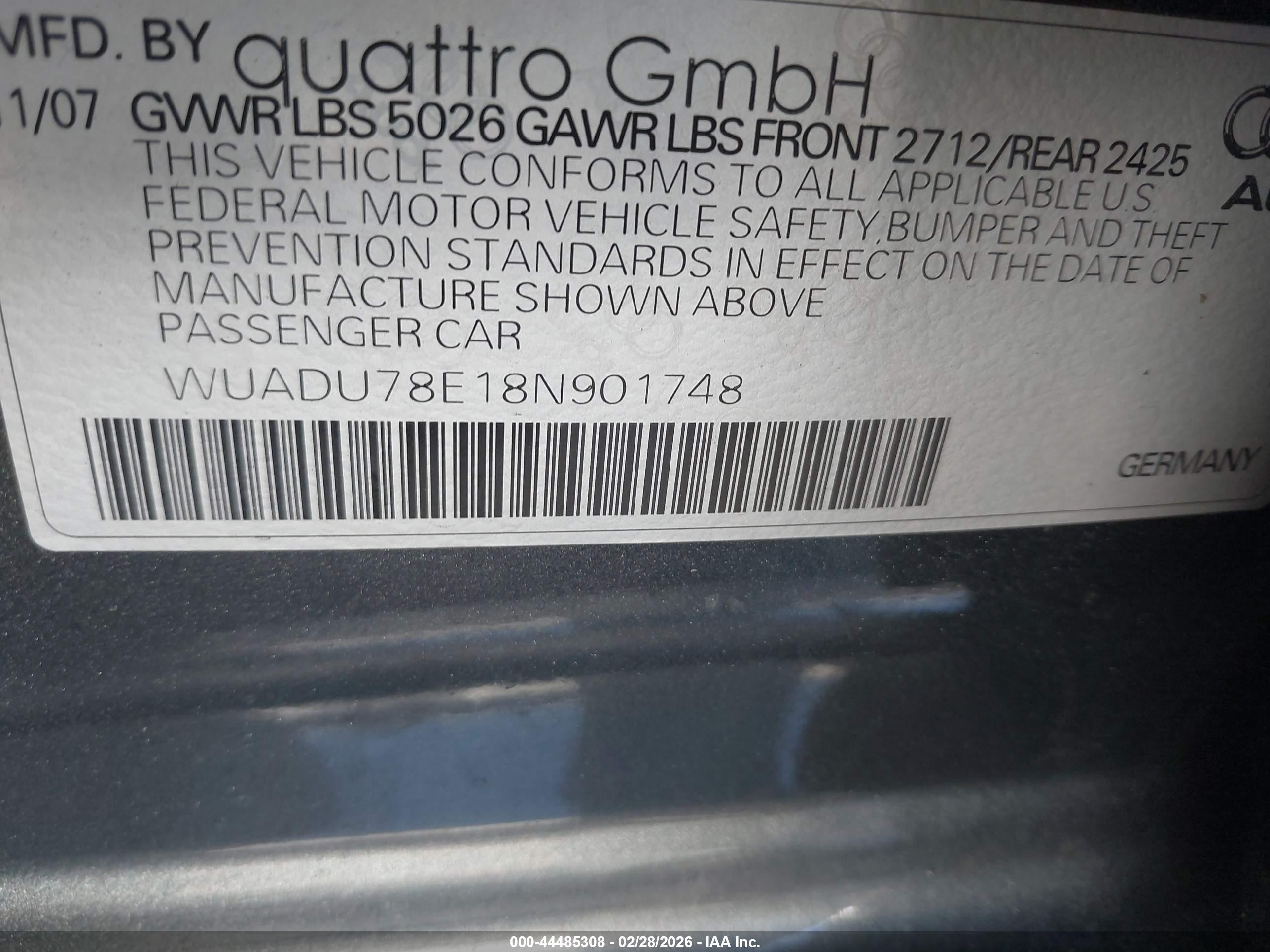 2008 Audi Rs 4 4.2l Gray vin: WUADU78E18N901748