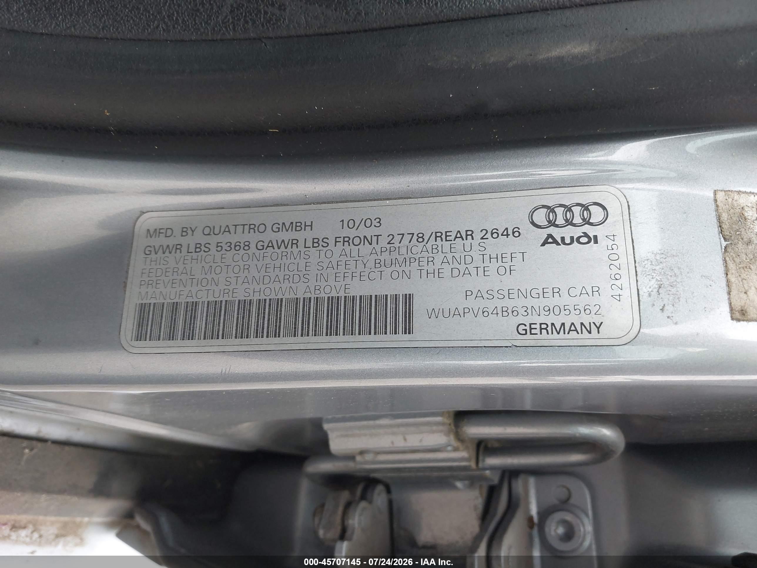 2003 Audi Rs6 4.2 Серый vin: WUAPV64B63N905562