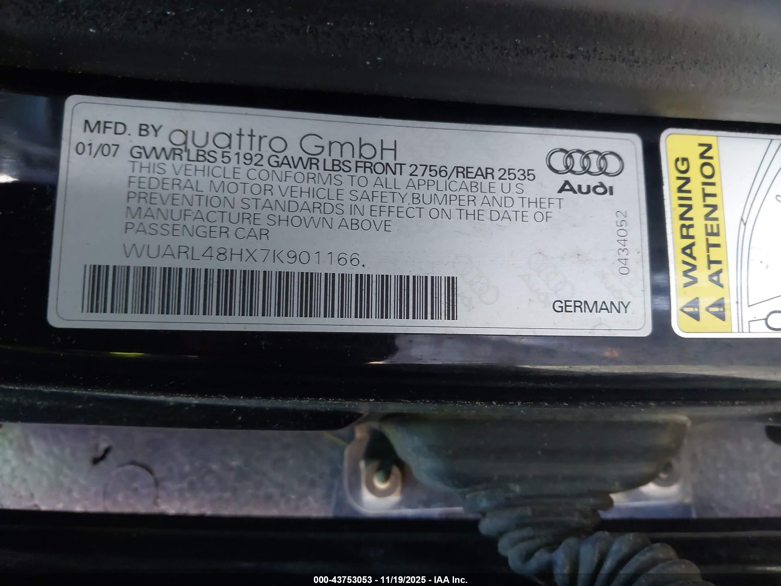 2007 Audi S4   Black vin: WUARL48HX7K901166