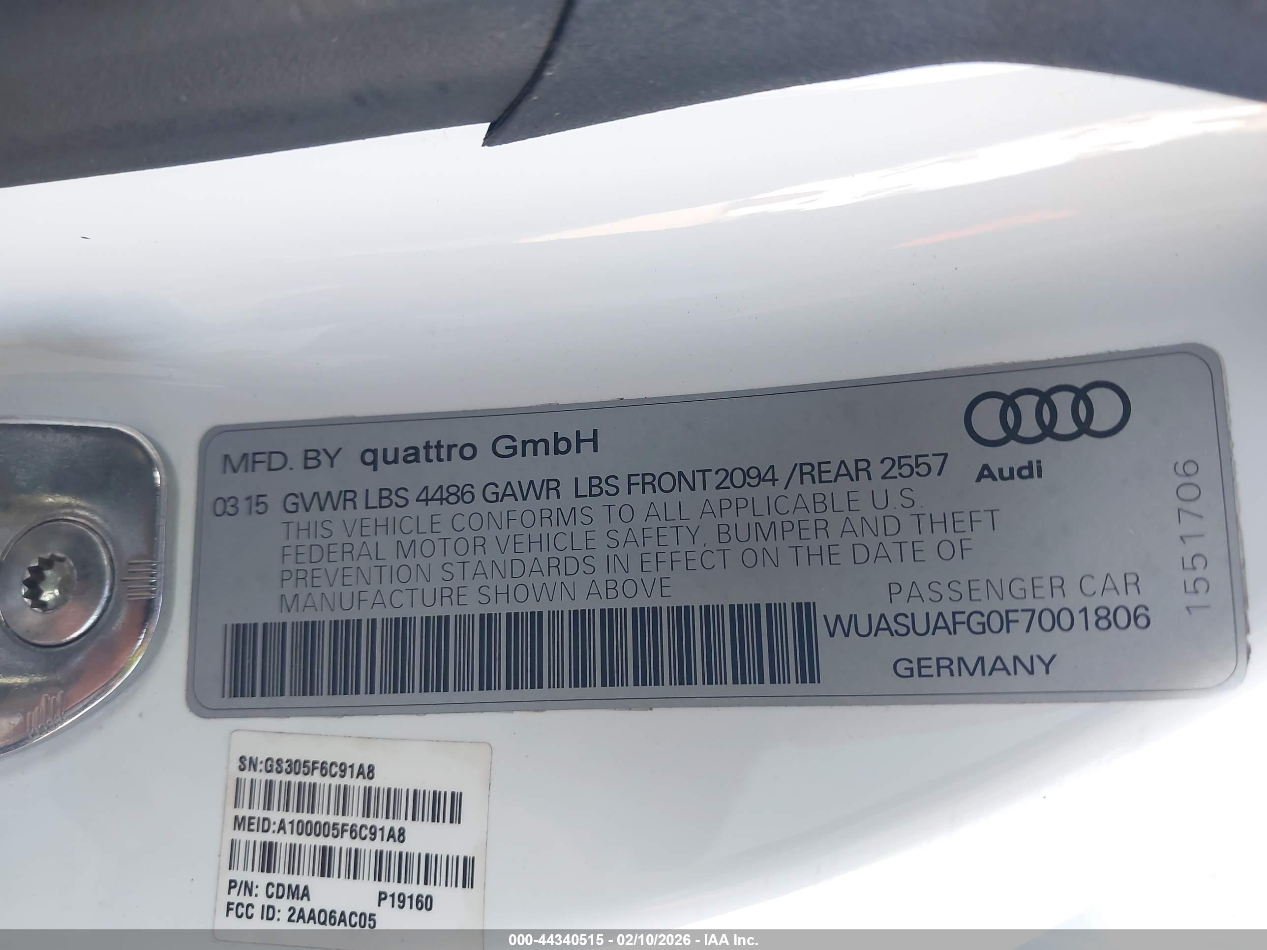 2015 Audi R8 4.2 White vin: WUASUAFG0F7001806