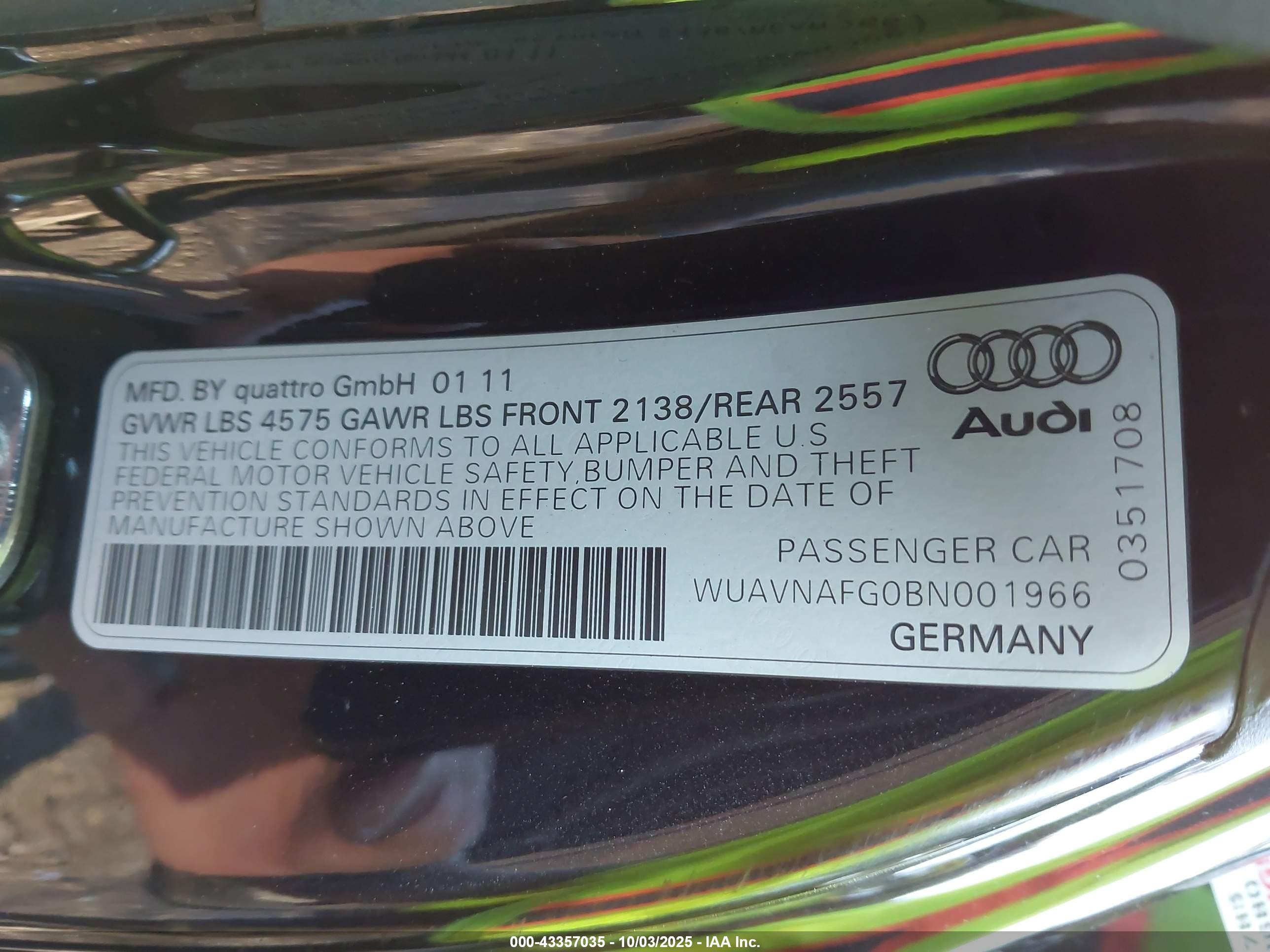 2011 Audi R8 5.2 Black vin: WUAVNAFG0BN001966