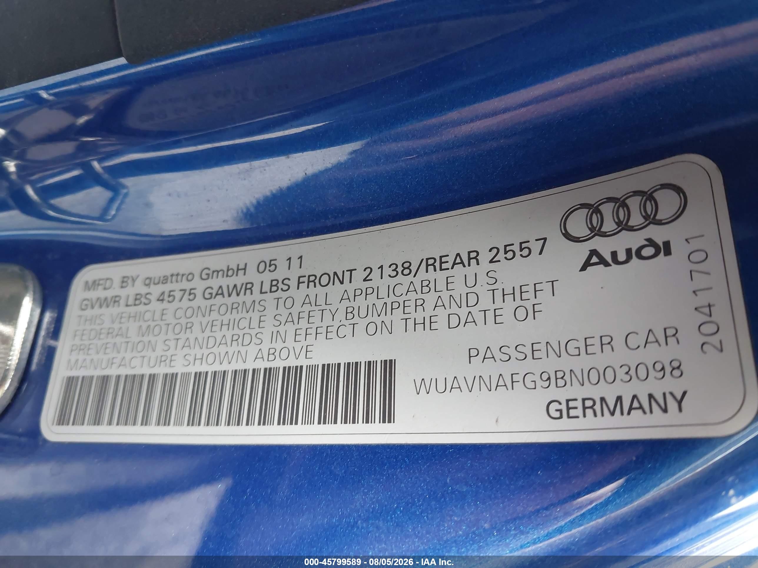 2011 Audi R8 5.2 Blue vin: WUAVNAFG9BN003098