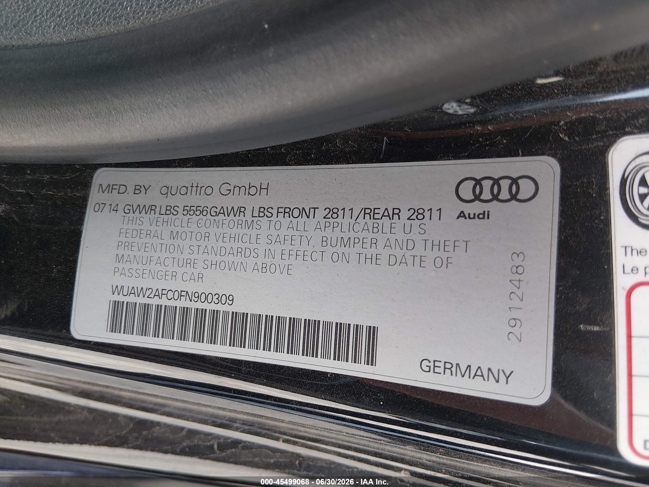2015 Audi Rs 7 4.0t Prestige Black vin: WUAW2AFC0FN900309