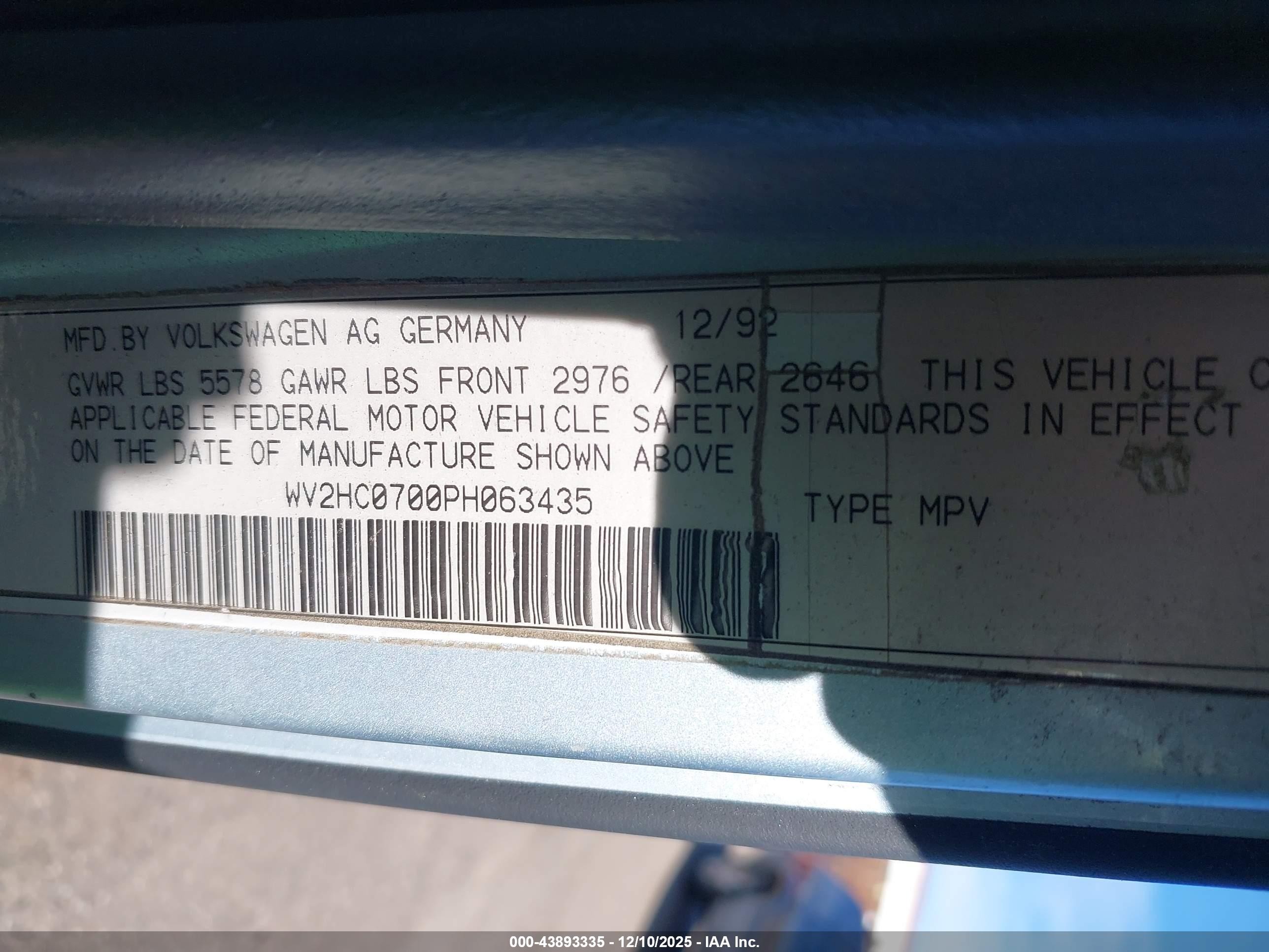 1993 Volkswagen Eurovan Cl Серебряный vin: WV2HC0700PH063435
