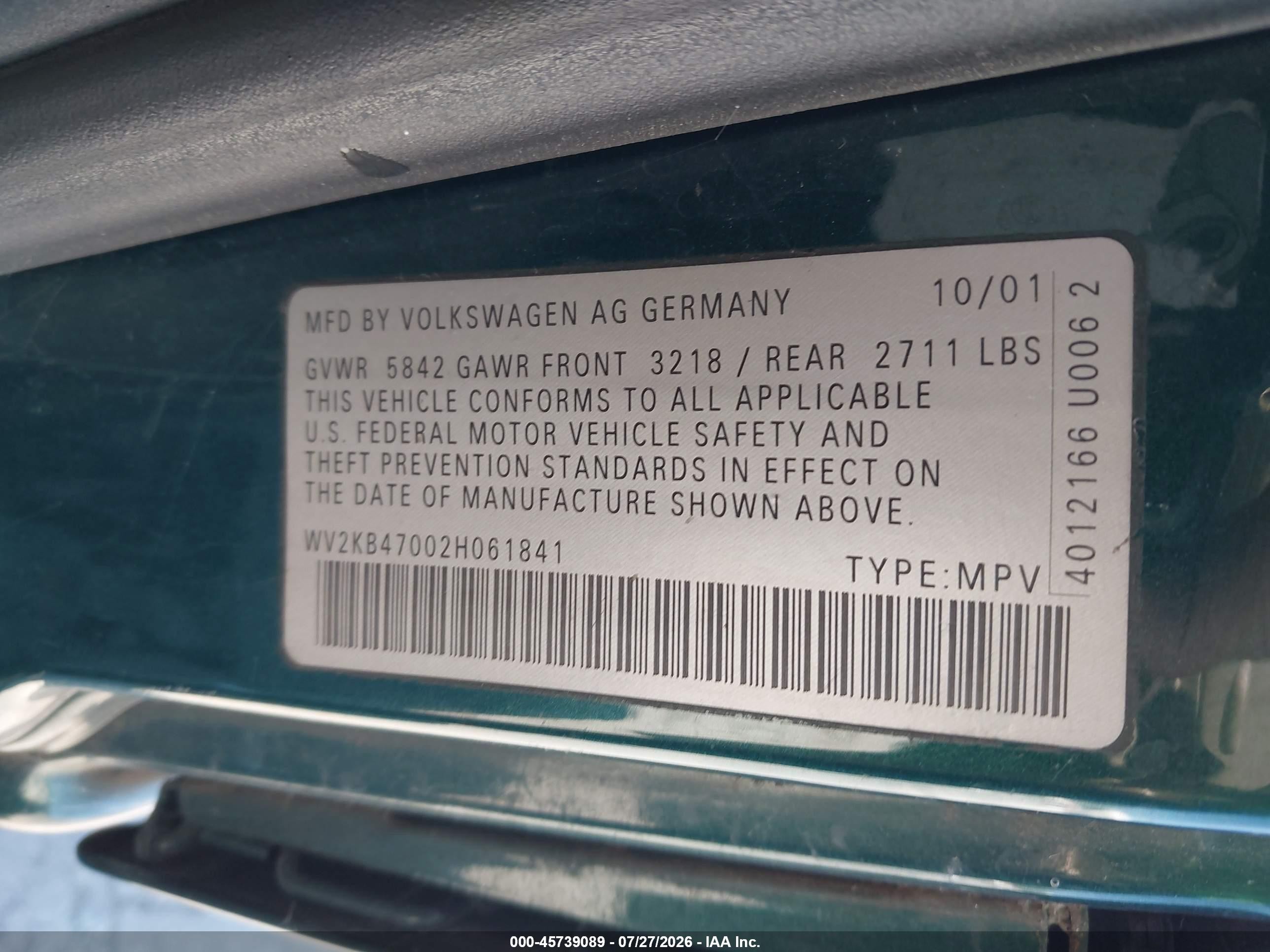 2002 Volkswagen Eurovan Gls Green vin: WV2KB47002H061841