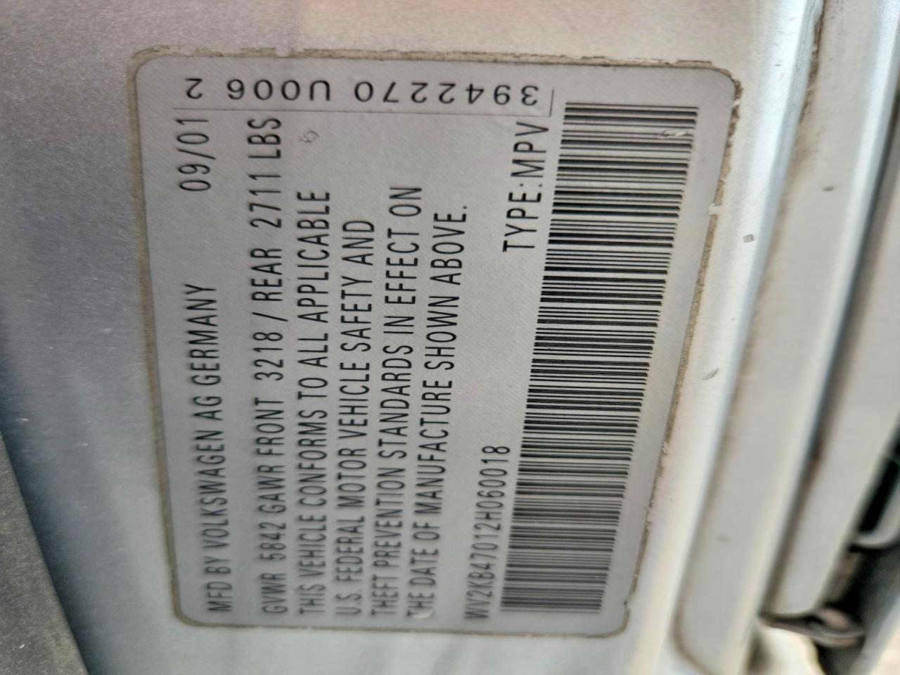 2002 Volkswagen Eurovan Gls Серебряный vin: WV2KB47012H060018