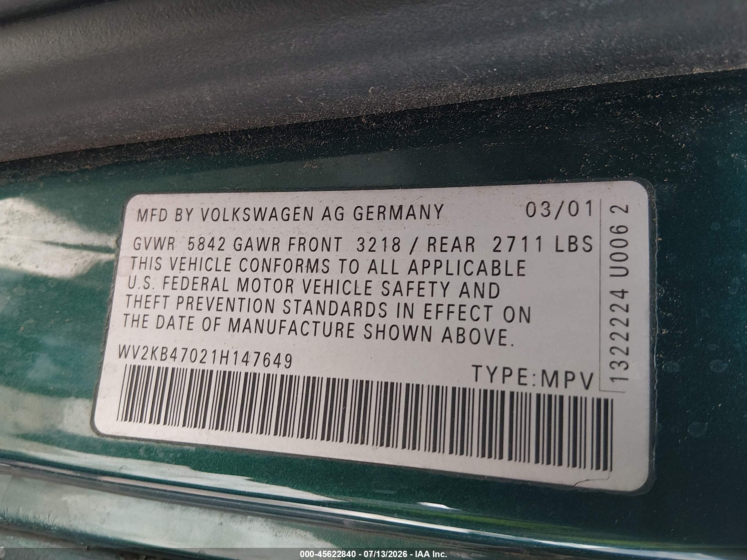2001 Volkswagen Eurovan Gls Зеленый vin: WV2KB47021H147649