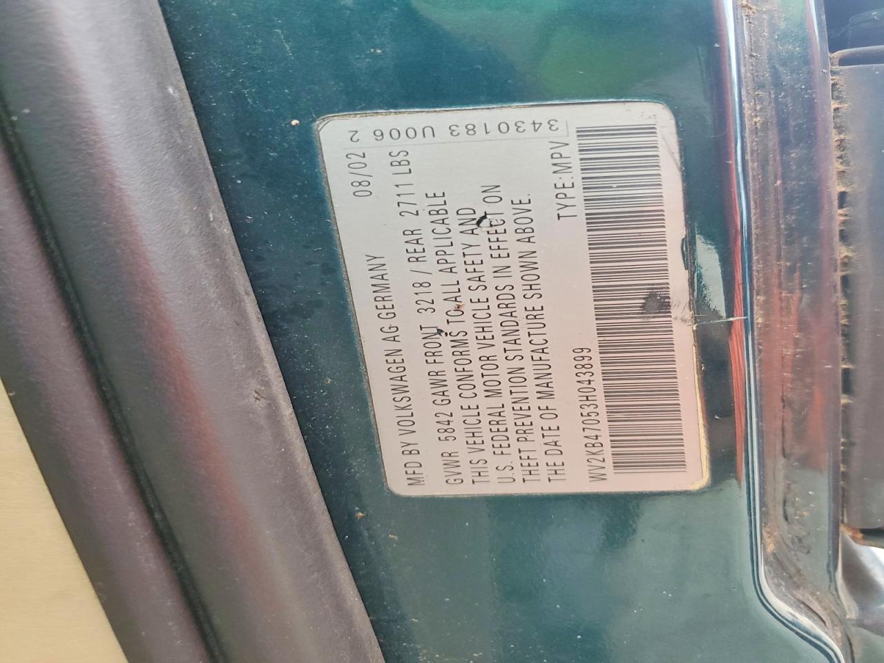 2003 Volkswagen Eurovan Gls Green vin: WV2KB47053H043899