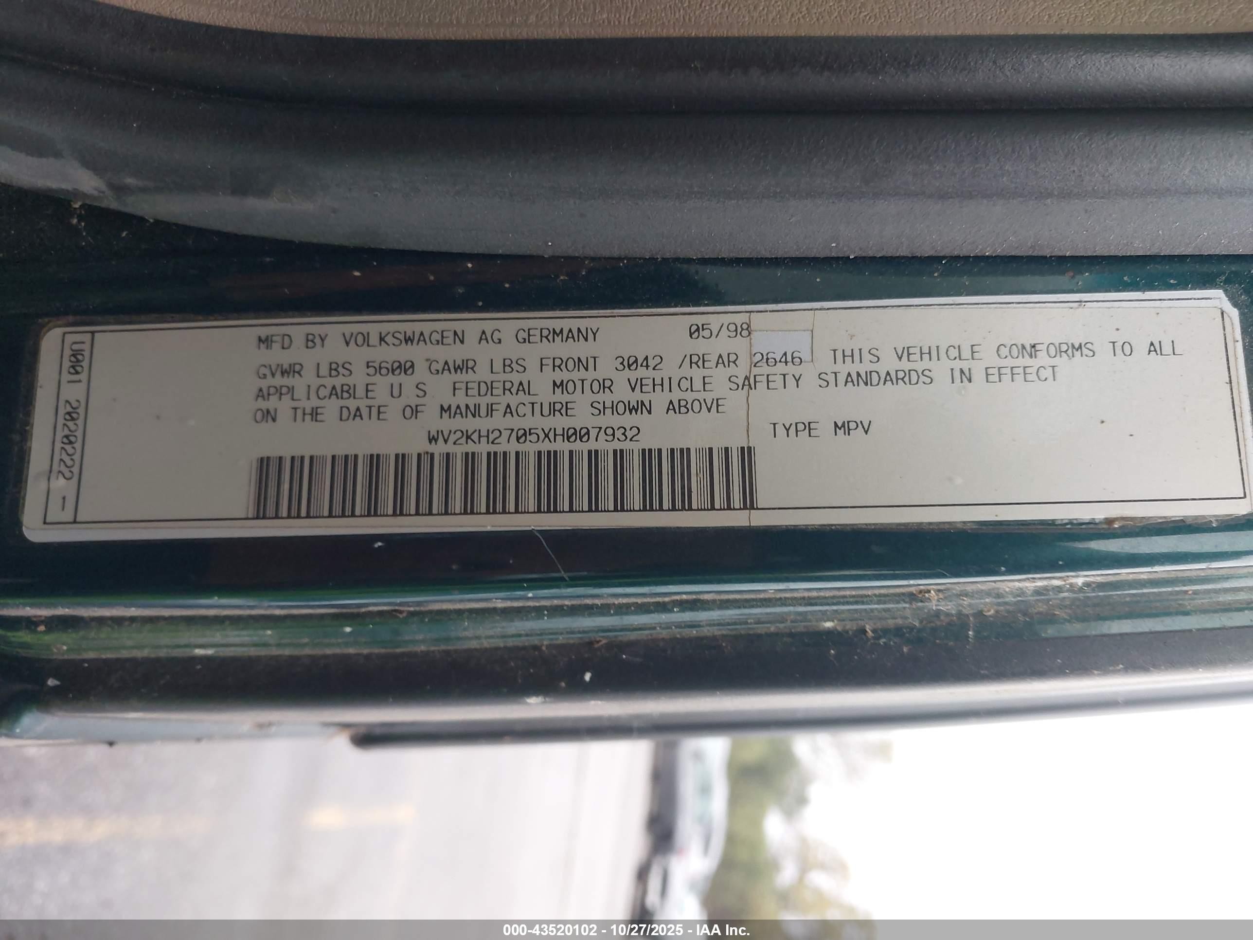 1999 Volkswagen Eurovan Gls Green vin: WV2KH2705XH007932