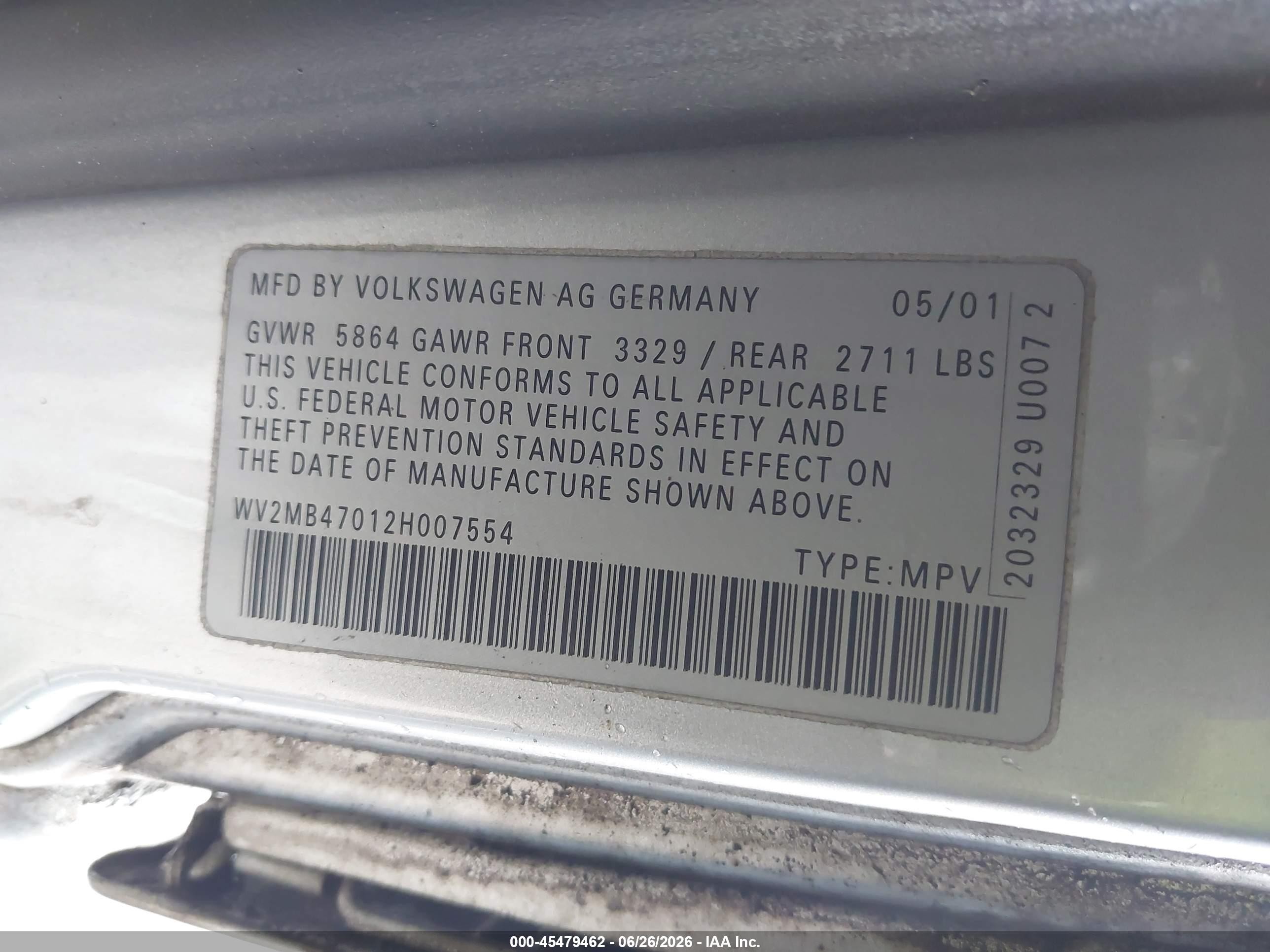 2002 Volkswagen Eurovan Mv Silver vin: WV2MB47012H007554