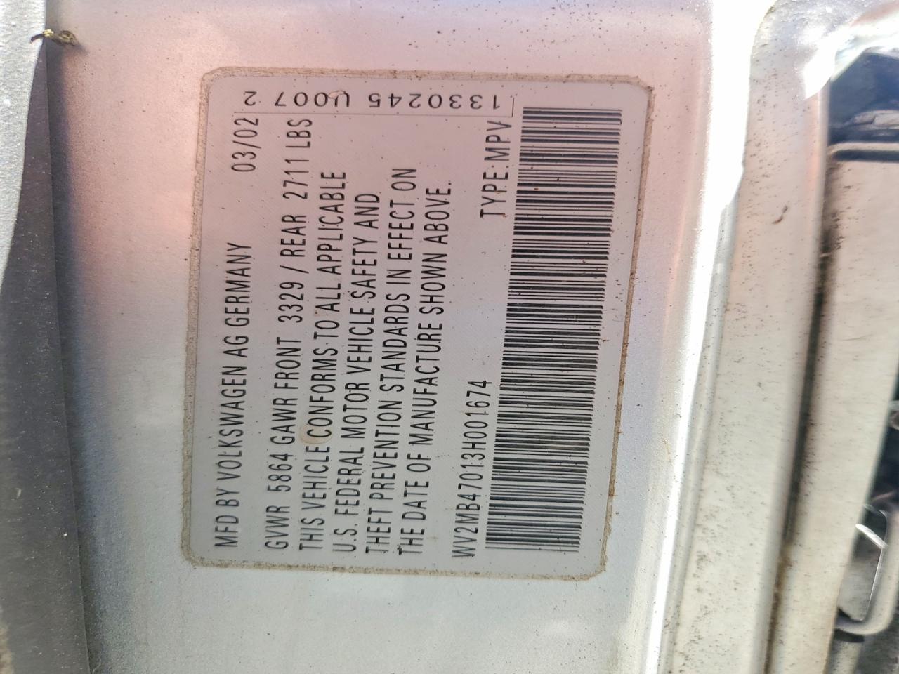 2003 Volkswagen Eurovan Mv Серебряный vin: WV2MB47013H001674
