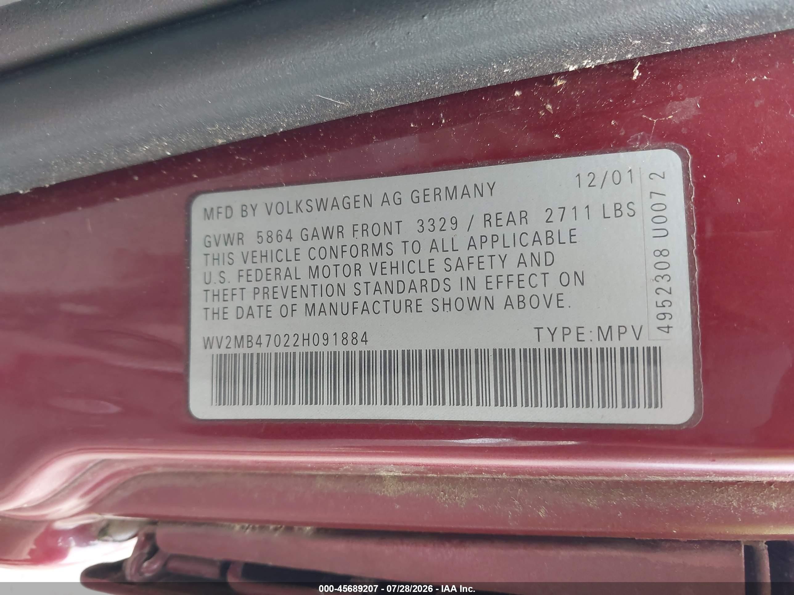 2002 Volkswagen Eurovan Mv Красный vin: WV2MB47022H091884