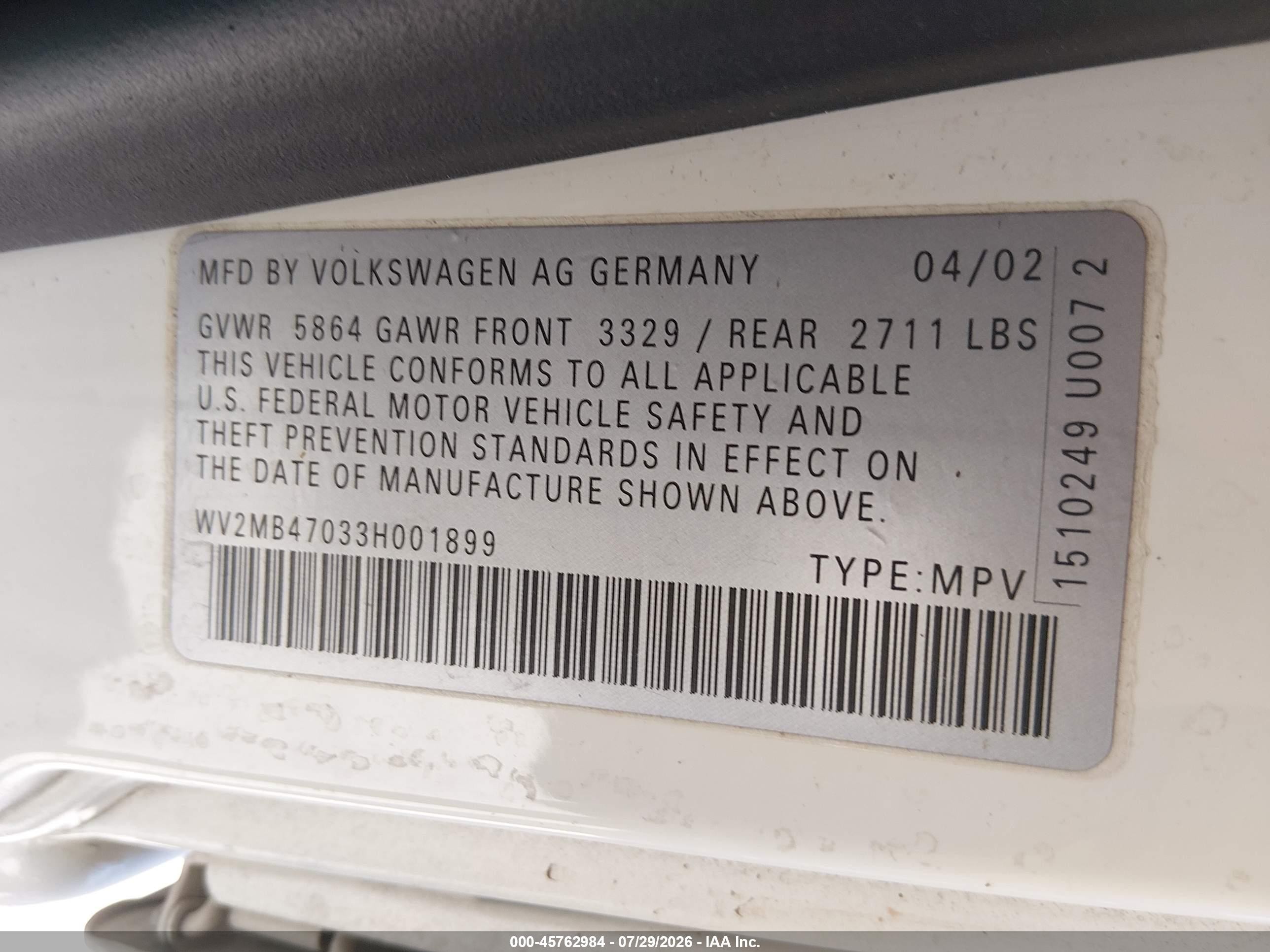 2003 Volkswagen Eurovan Mv Белый vin: WV2MB47033H001899