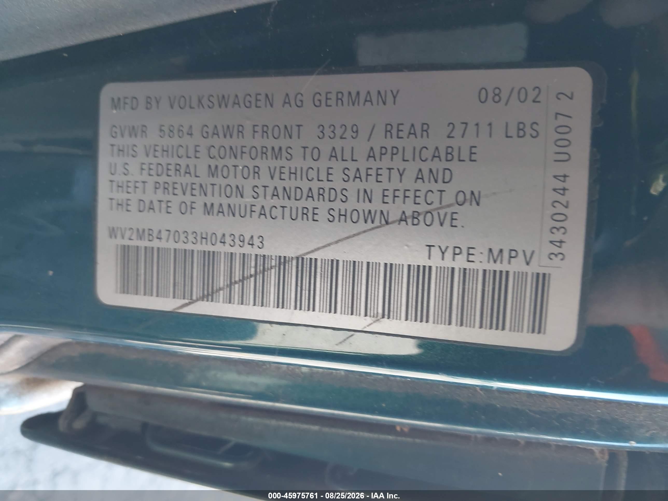 2003 Volkswagen Eurovan Mv Зеленый vin: WV2MB47033H043943