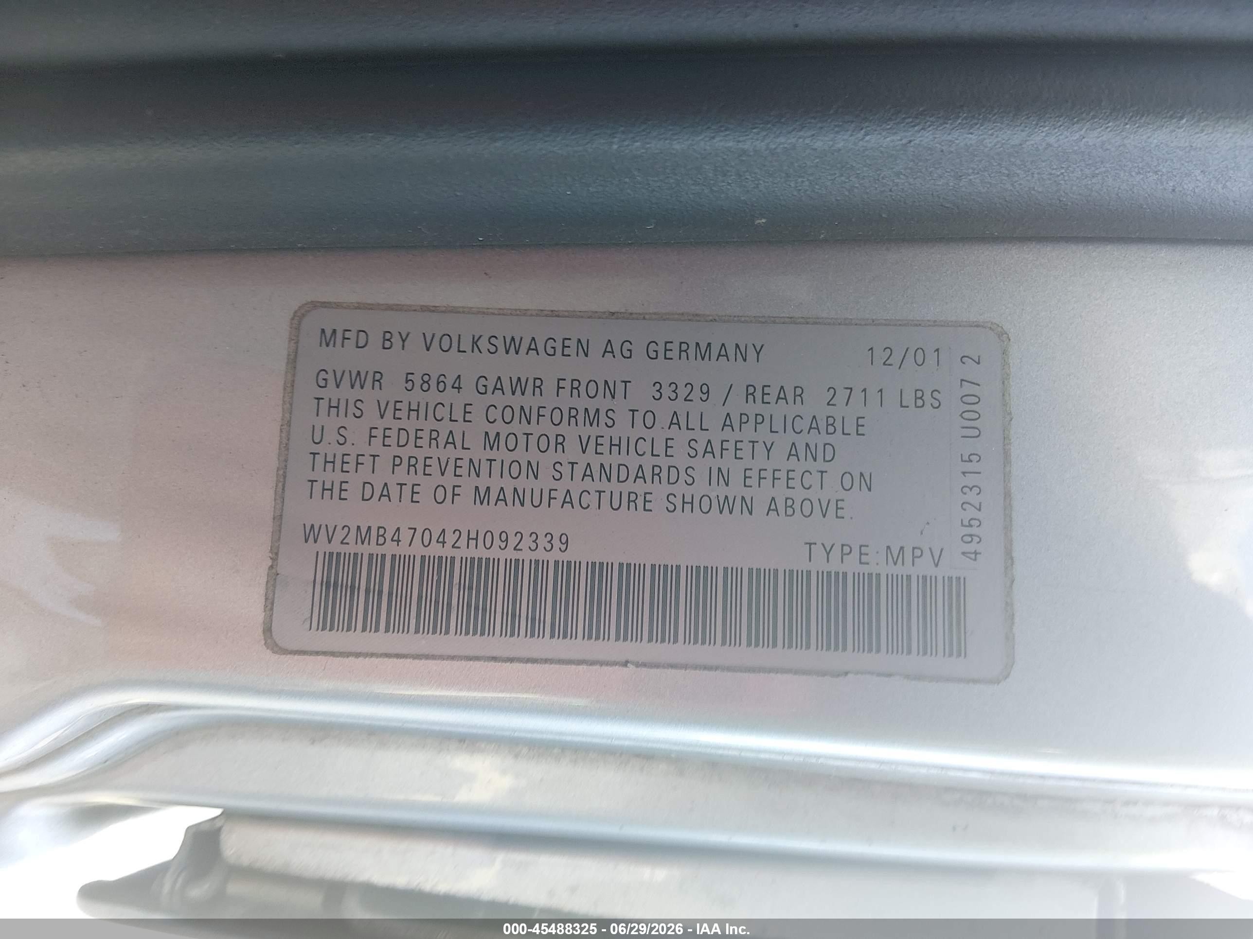 2002 Volkswagen Eurovan Mv Серебряный vin: WV2MB47042H092339