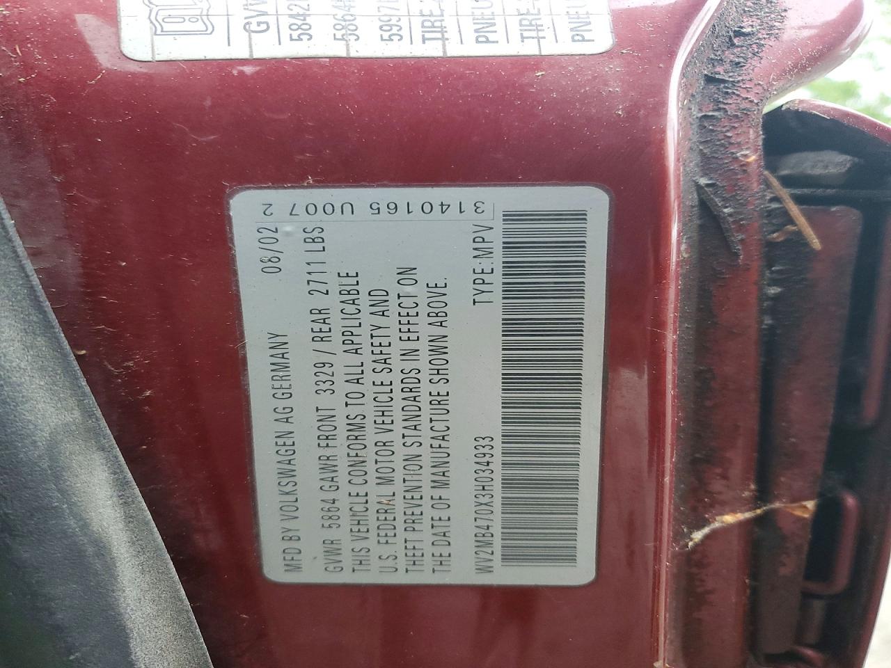2003 Volkswagen Eurovan Mv Maroon vin: WV2MB470X3H034933