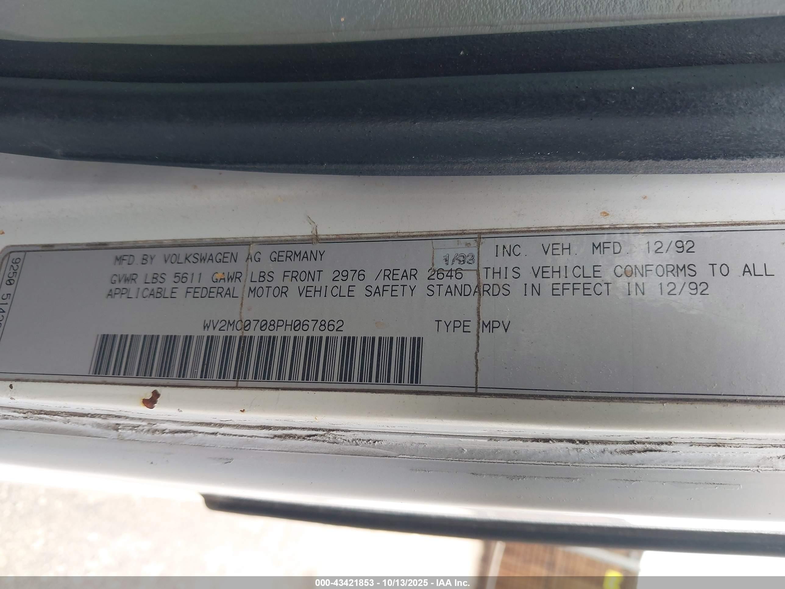 1993 Volkswagen Eurovan Mv White vin: WV2MC0708PH067862