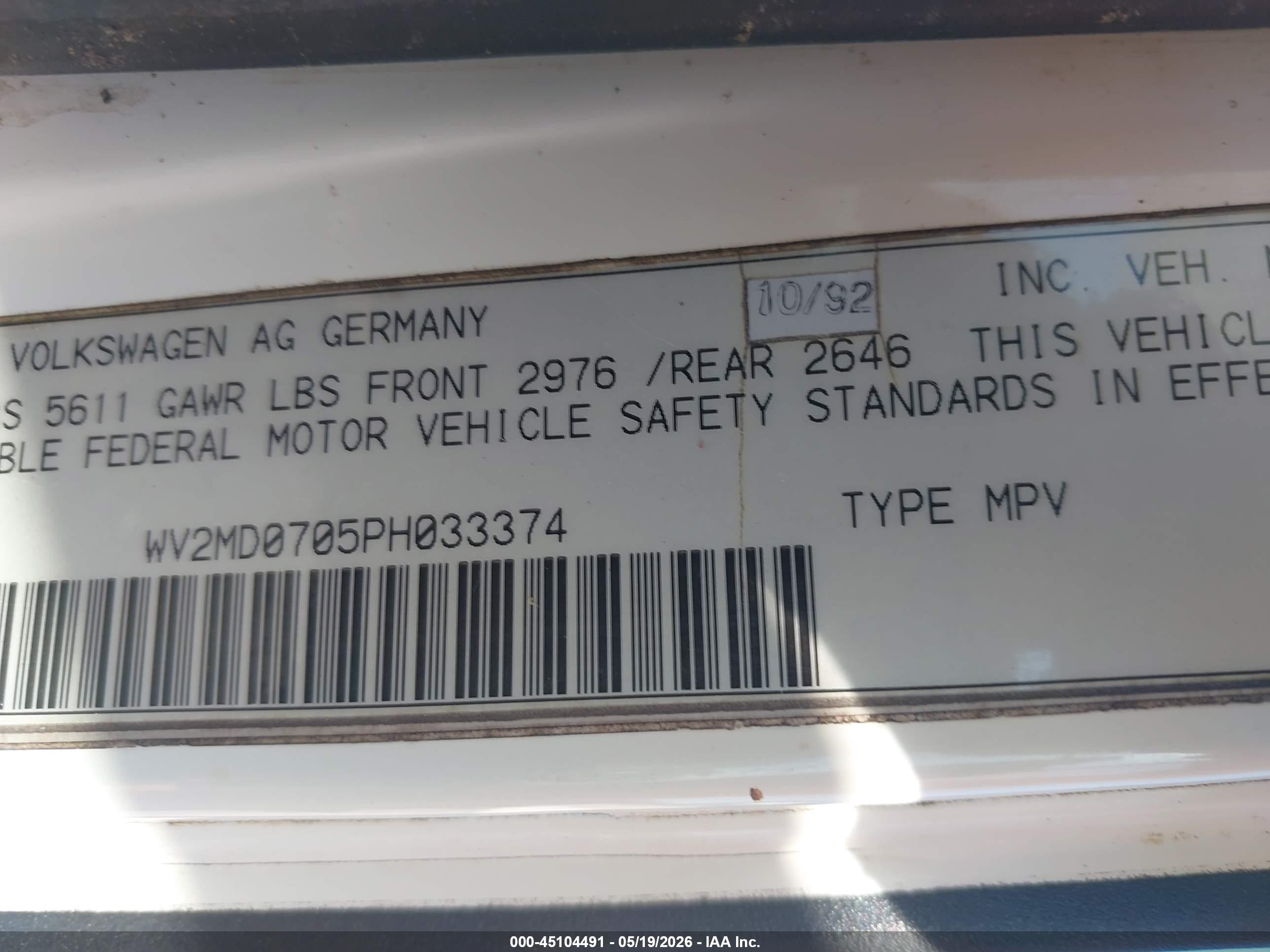1993 Volkswagen Eurovan Mv Белый vin: WV2MD0705PH033374
