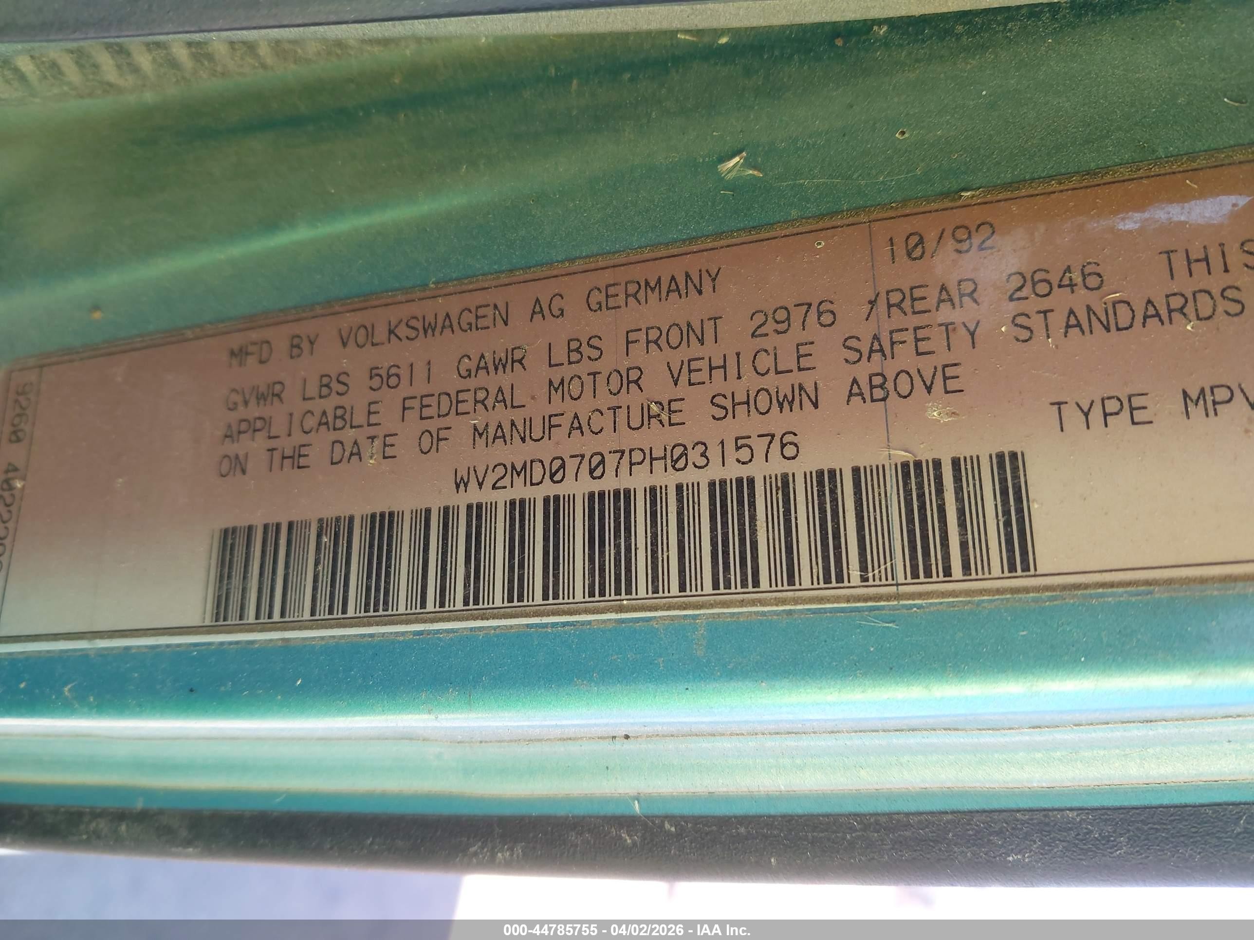 1993 Volkswagen Eurovan Mv Blue vin: WV2MD0707PH031576