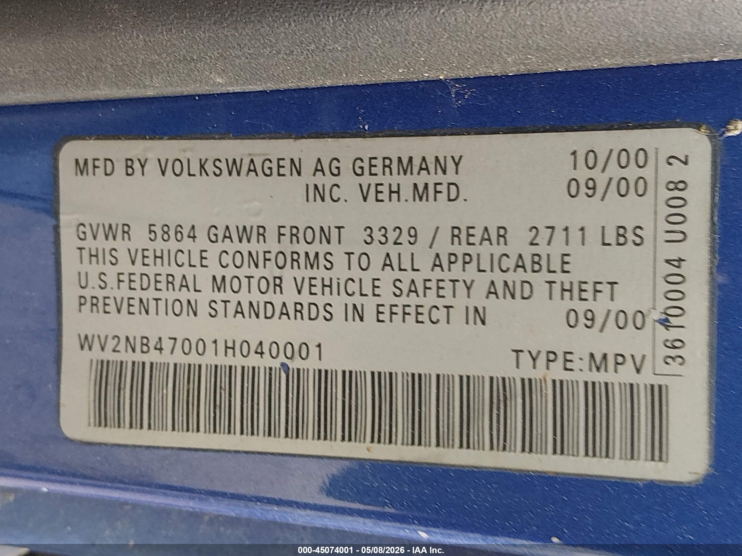2001 Volkswagen Eurovan Mv Синий vin: WV2NB47001H040001