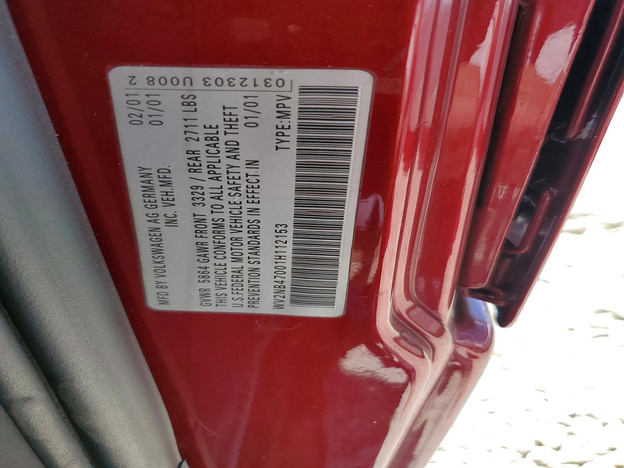 2001 Volkswagen Eurovan Mv Burgundy vin: WV2NB47001H112153