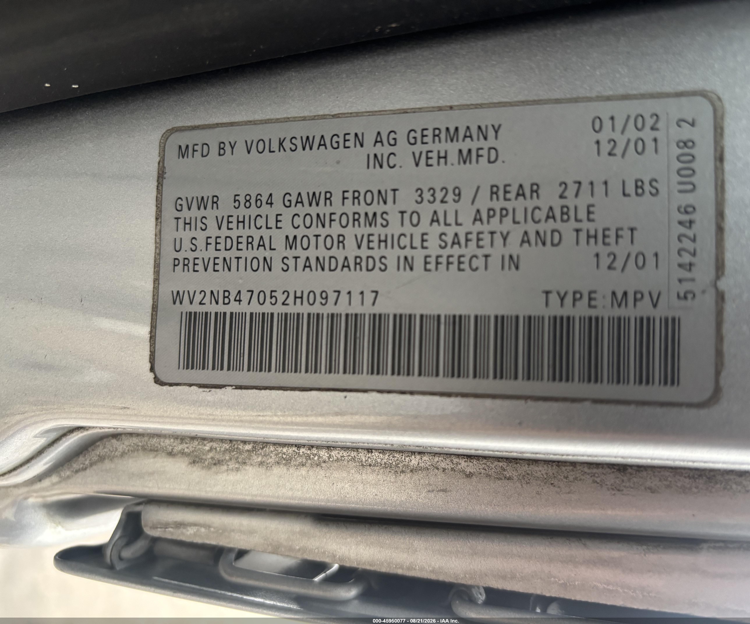 2002 Volkswagen Eurovan Mv vin: WV2NB47052H097117