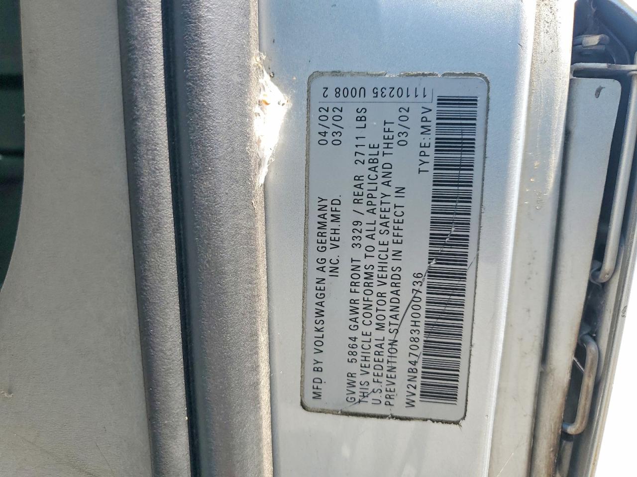 2003 Volkswagen Eurovan Mv Silver vin: WV2NB47083H000736