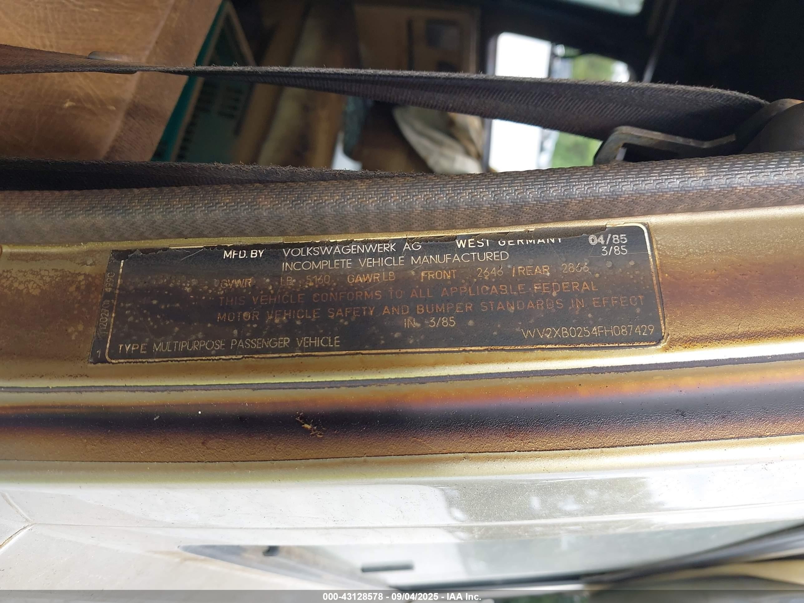 1985 Volkswagen Vanagon Kombi Gold vin: WV2XB0254FH087429