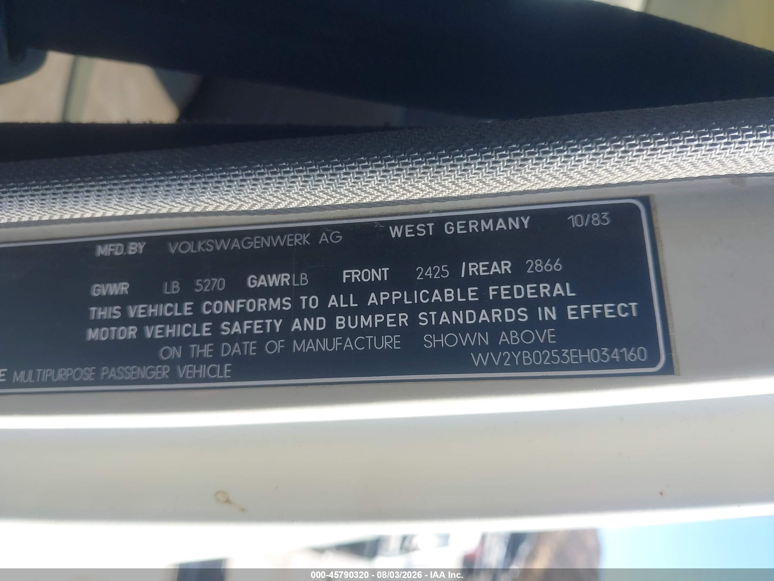 1984 Volkswagen Vanagon Bus Blue vin: WV2YB0253EH034160