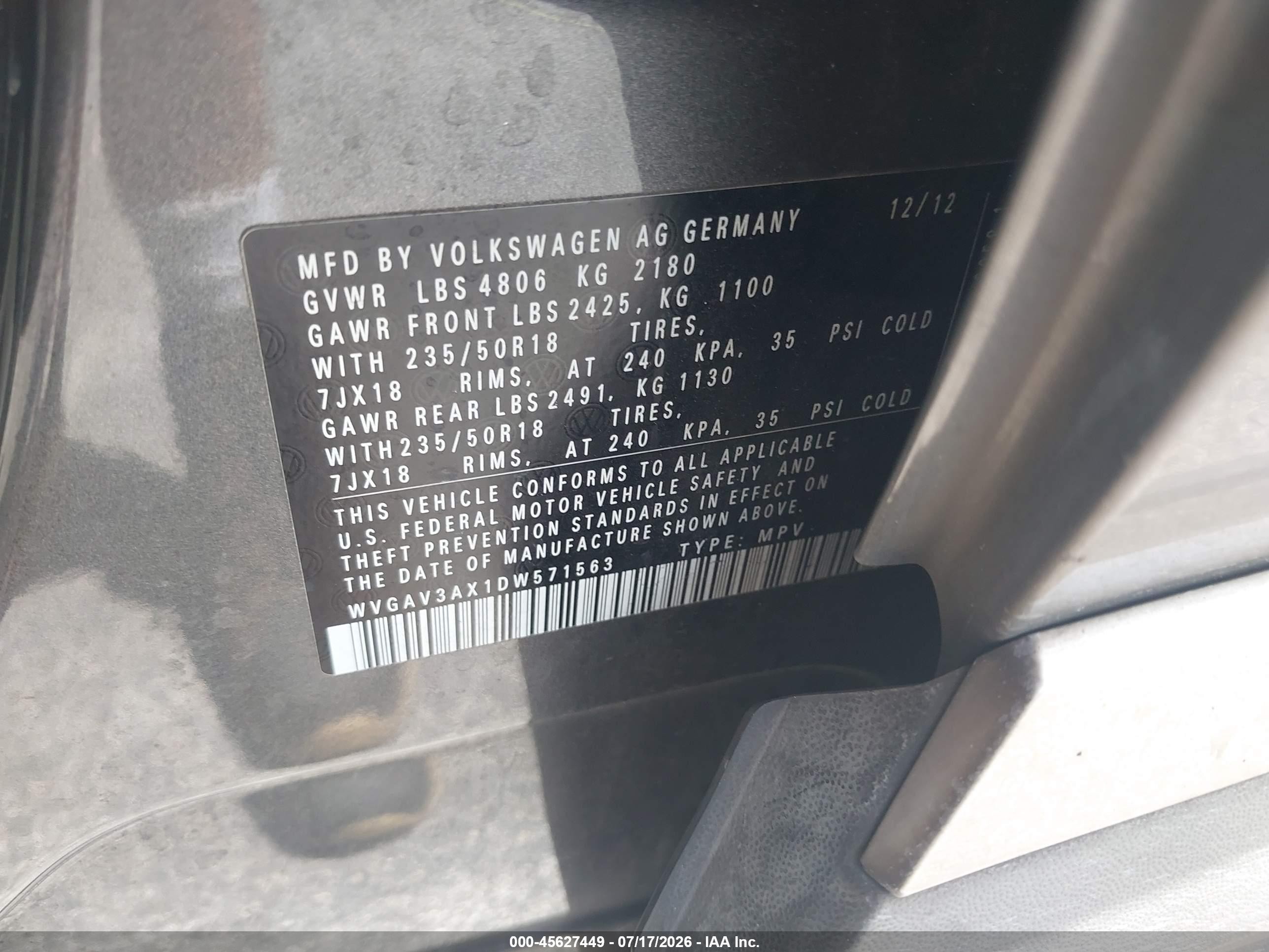 2013 Volkswagen Tiguan Se Gray vin: WVGAV3AX1DW571563