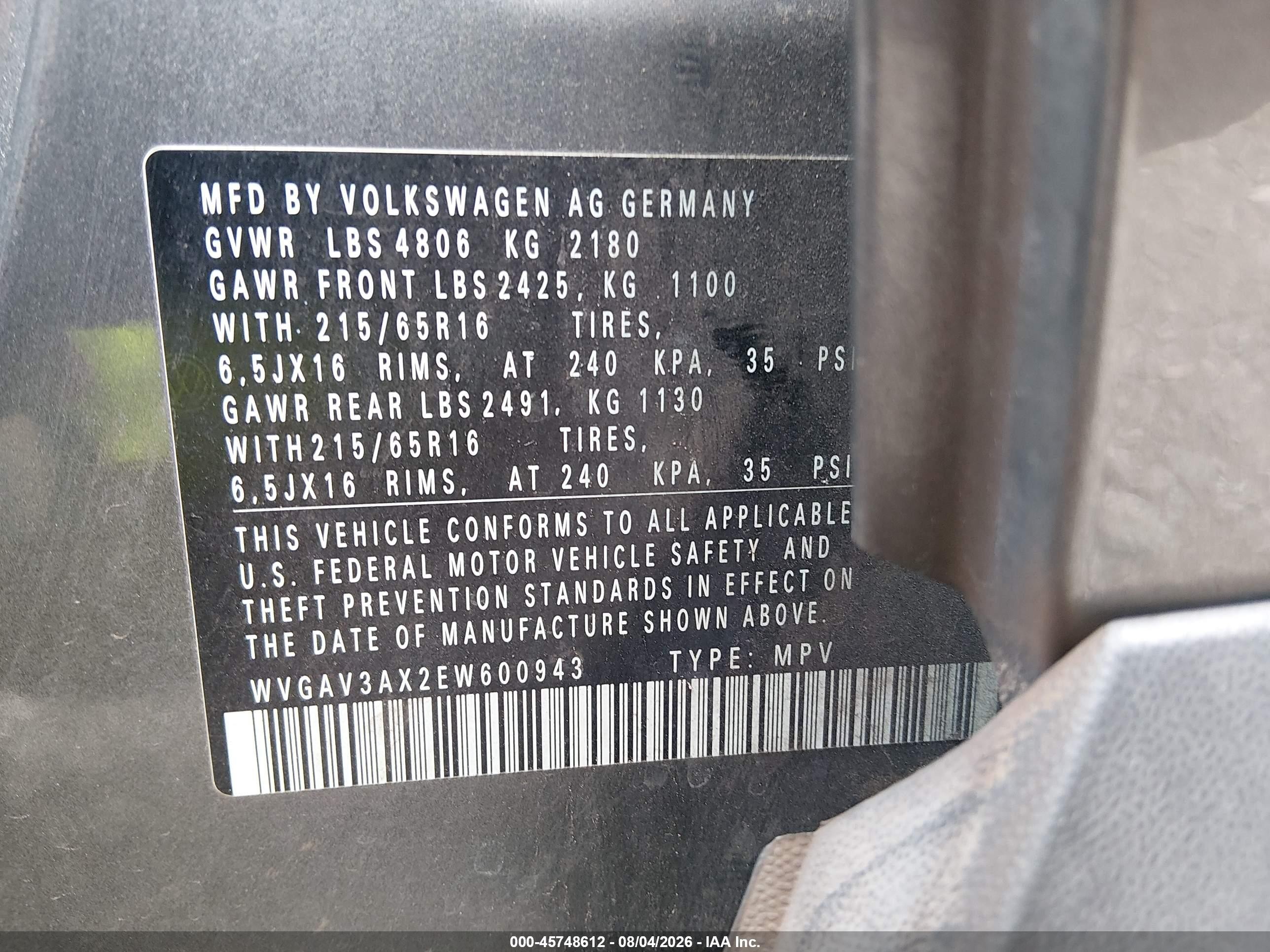 2014 Volkswagen Tiguan S Gray vin: WVGAV3AX2EW600943