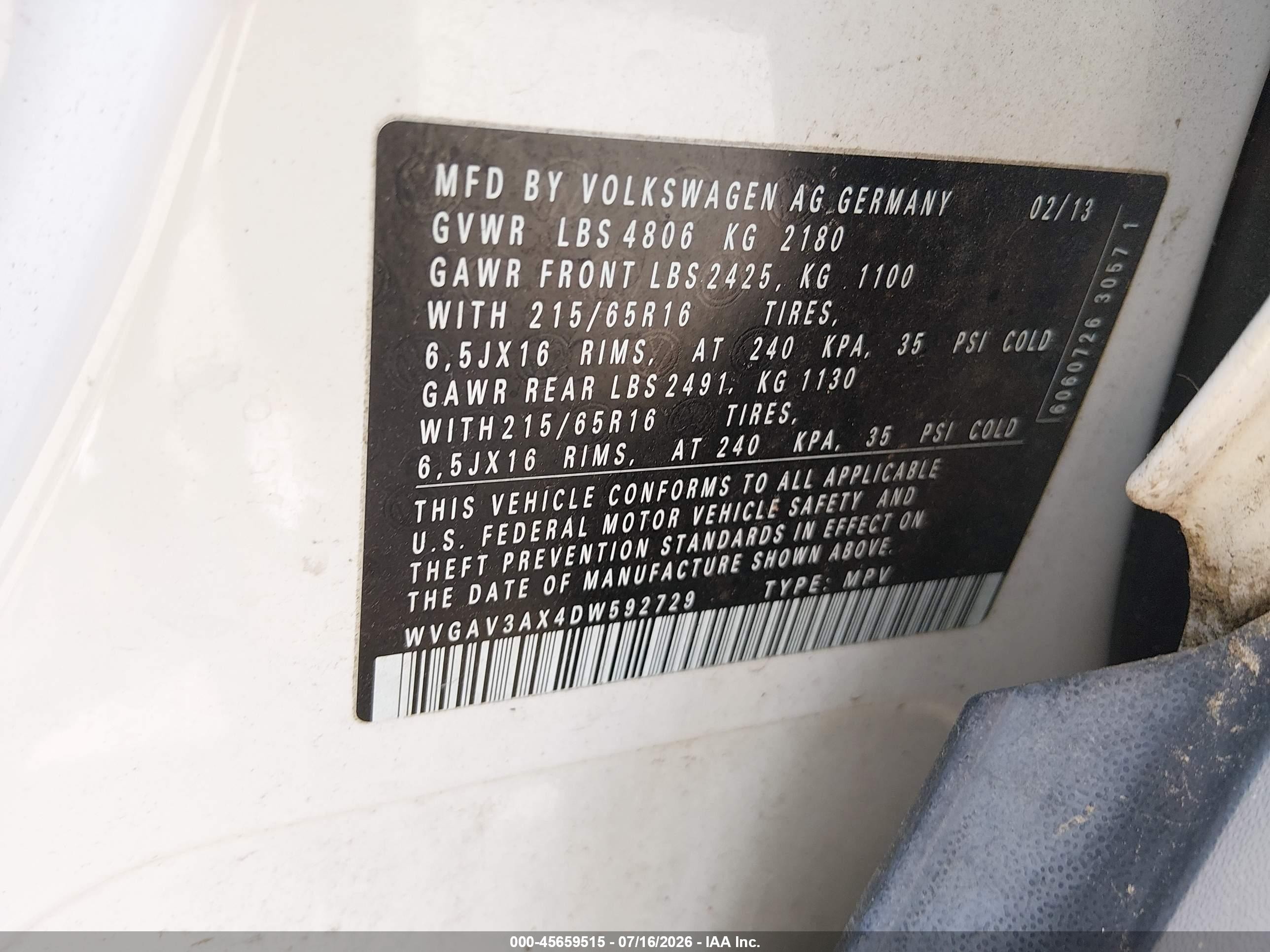 2013 Volkswagen Tiguan S White vin: WVGAV3AX4DW592729