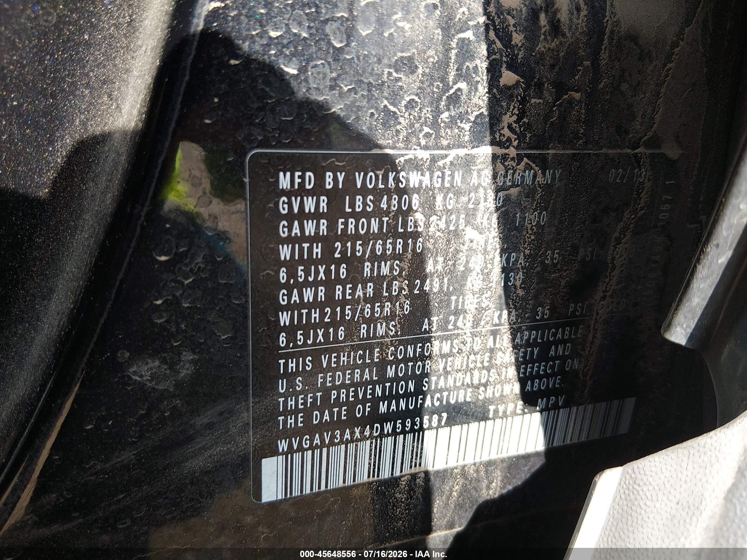 2013 Volkswagen Tiguan S Black vin: WVGAV3AX4DW593587