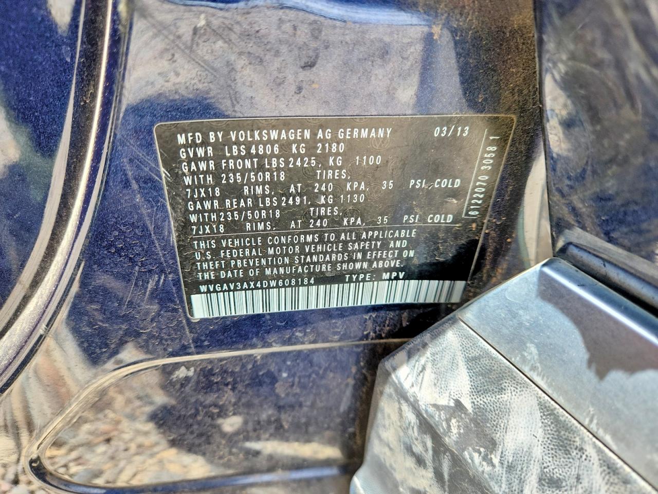 2013 Volkswagen Tiguan S Blue vin: WVGAV3AX4DW608184