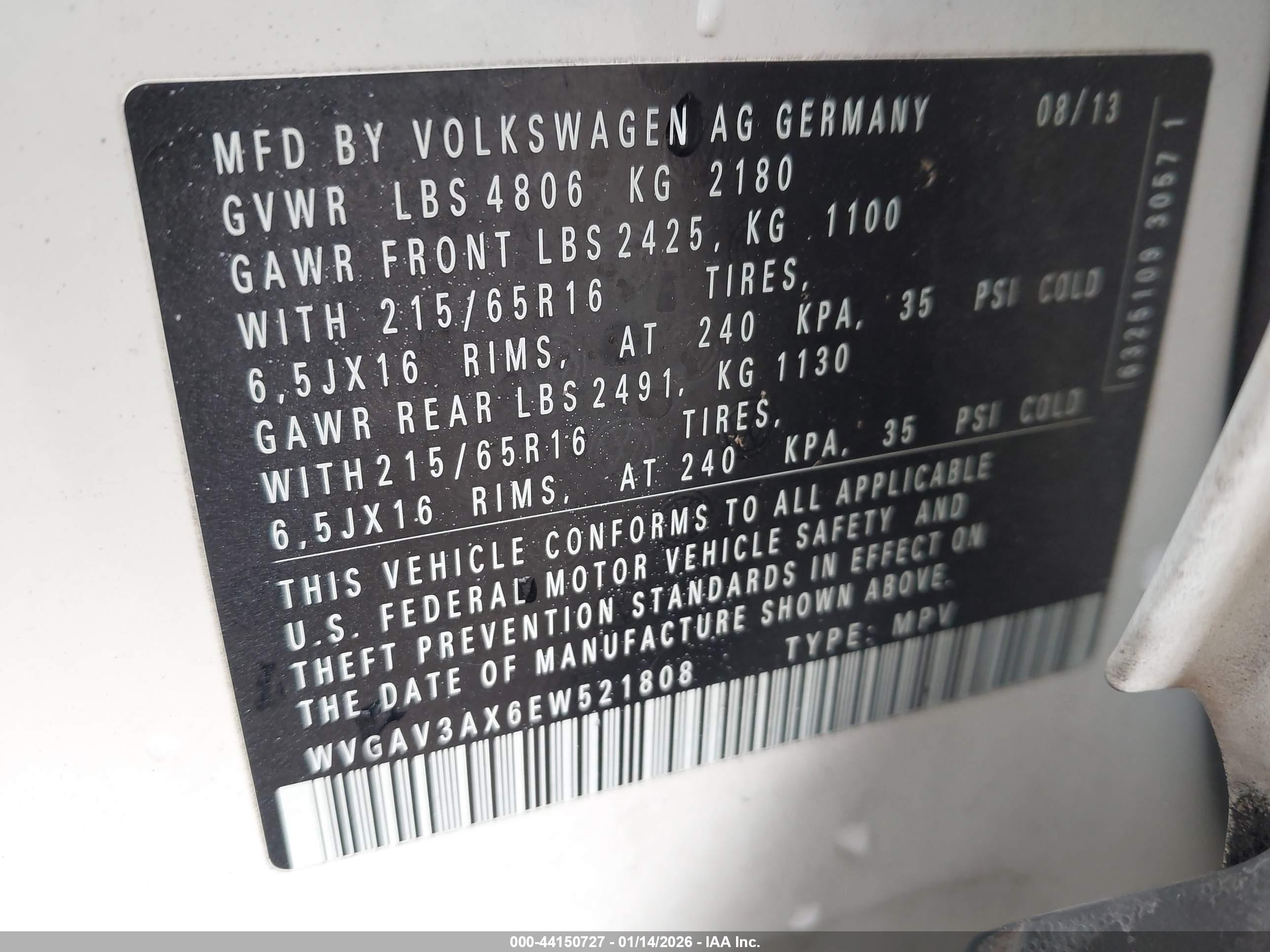 2014 Volkswagen Tiguan S White vin: WVGAV3AX6EW521808