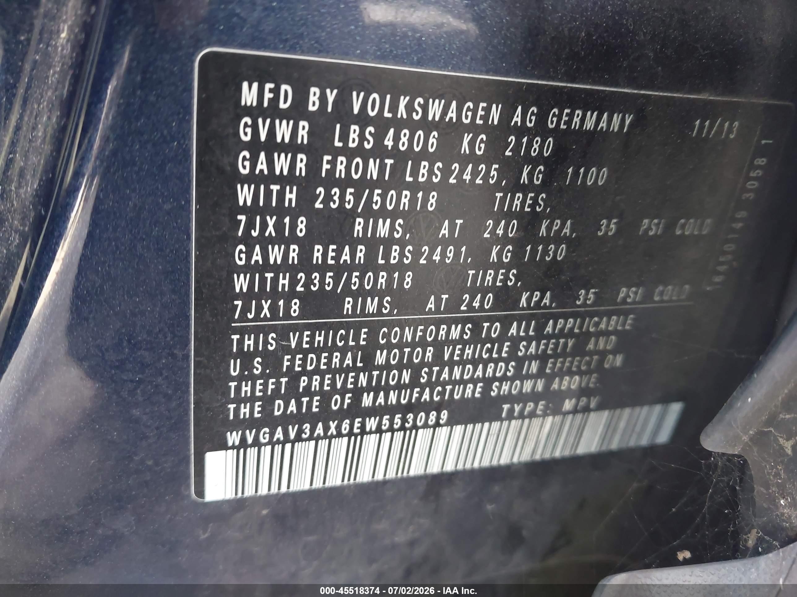 2014 Volkswagen Tiguan Se Blue vin: WVGAV3AX6EW553089
