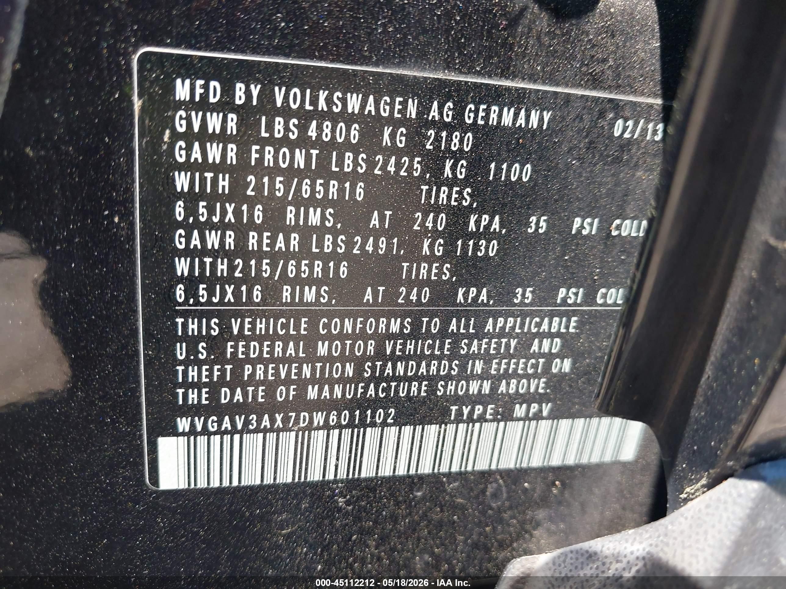 2013 Volkswagen Tiguan S/se/sel Черный vin: WVGAV3AX7DW601102