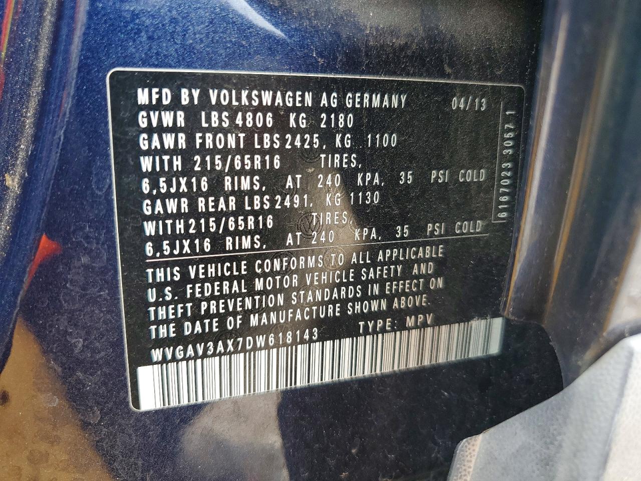 2013 Volkswagen Tiguan S Blue vin: WVGAV3AX7DW618143