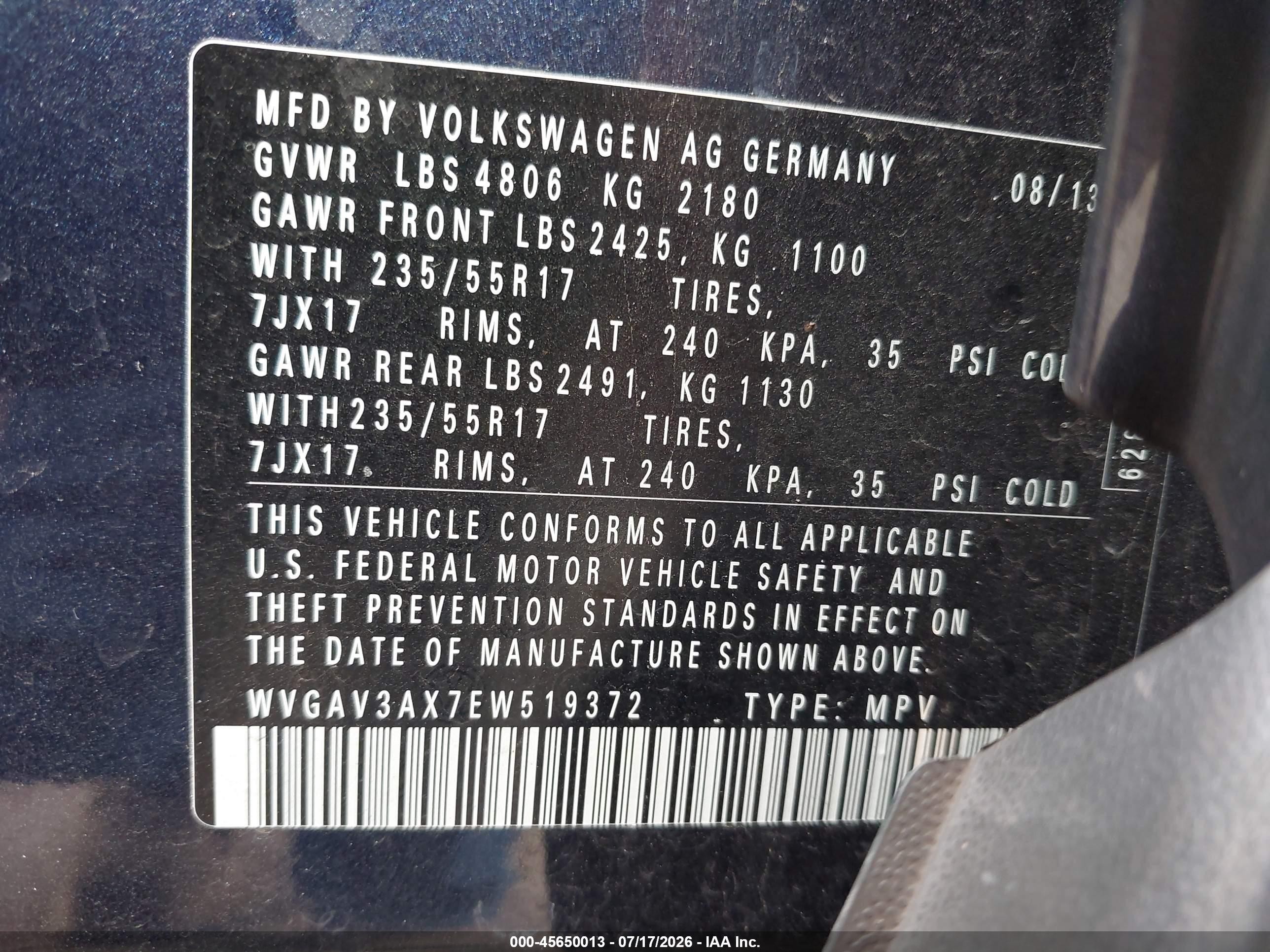 2014 Volkswagen Tiguan Se Navy vin: WVGAV3AX7EW519372