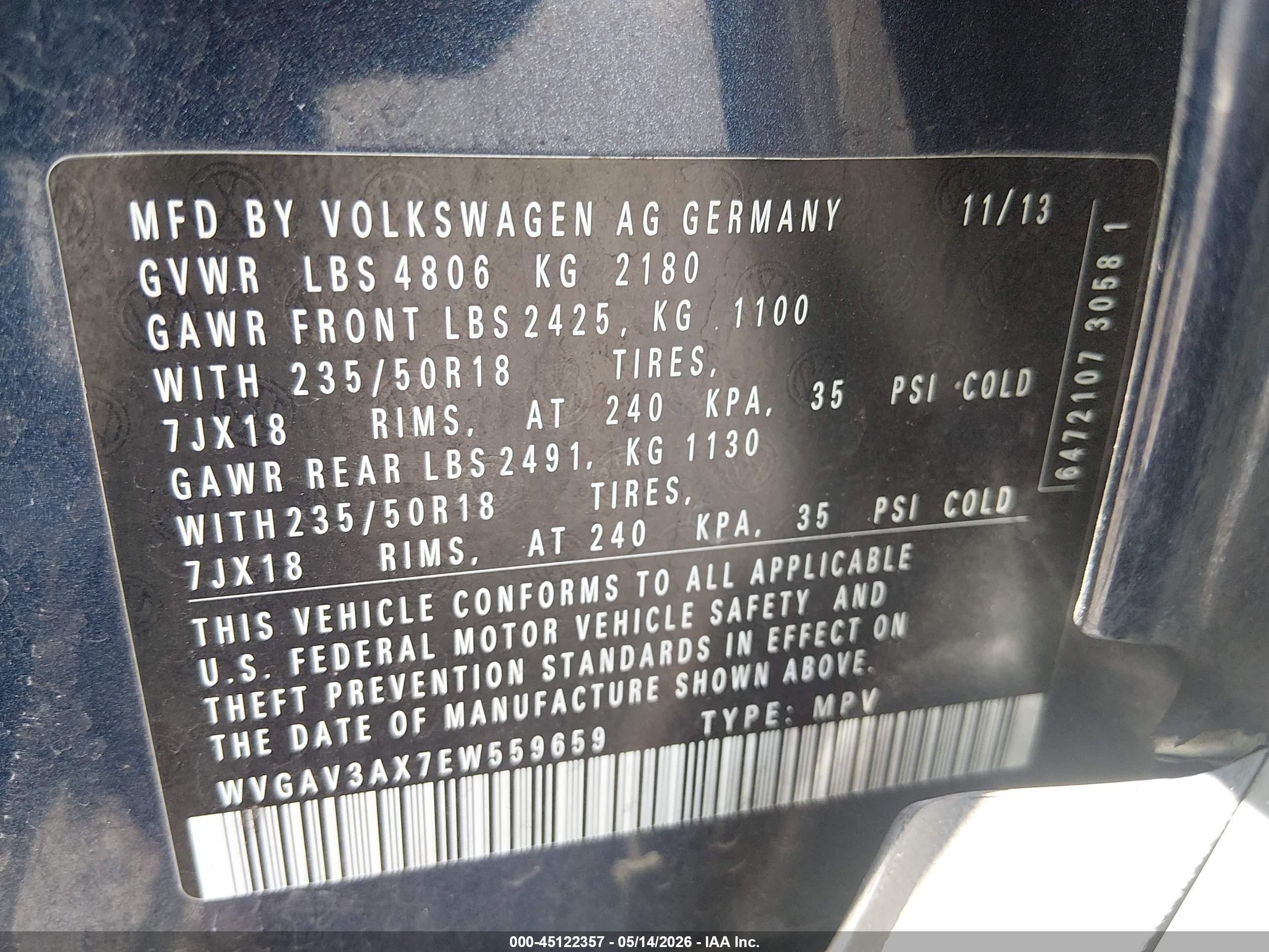 2014 Volkswagen Tiguan Sel Blue vin: WVGAV3AX7EW559659