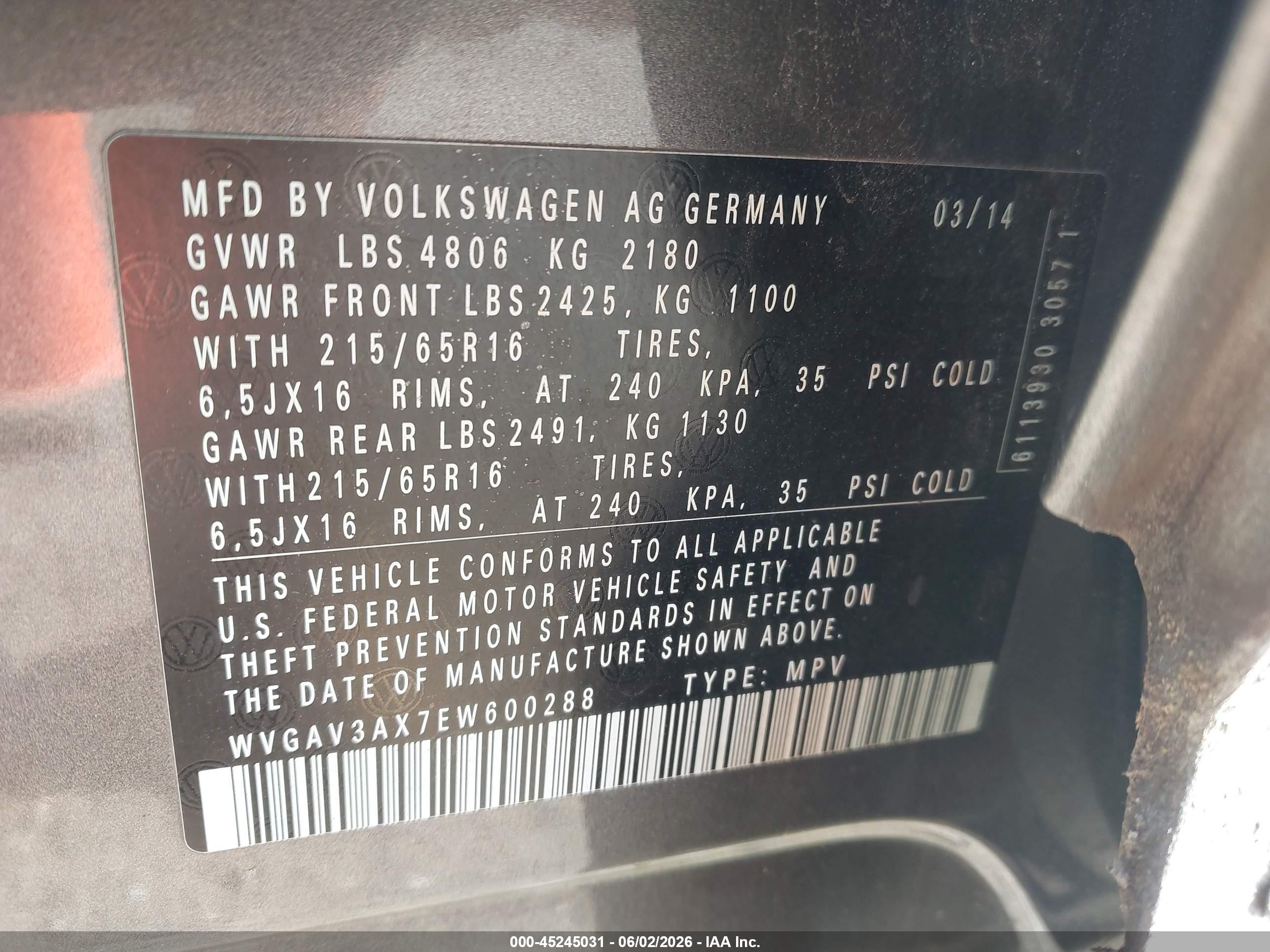 2014 Volkswagen Tiguan S Gray vin: WVGAV3AX7EW600288