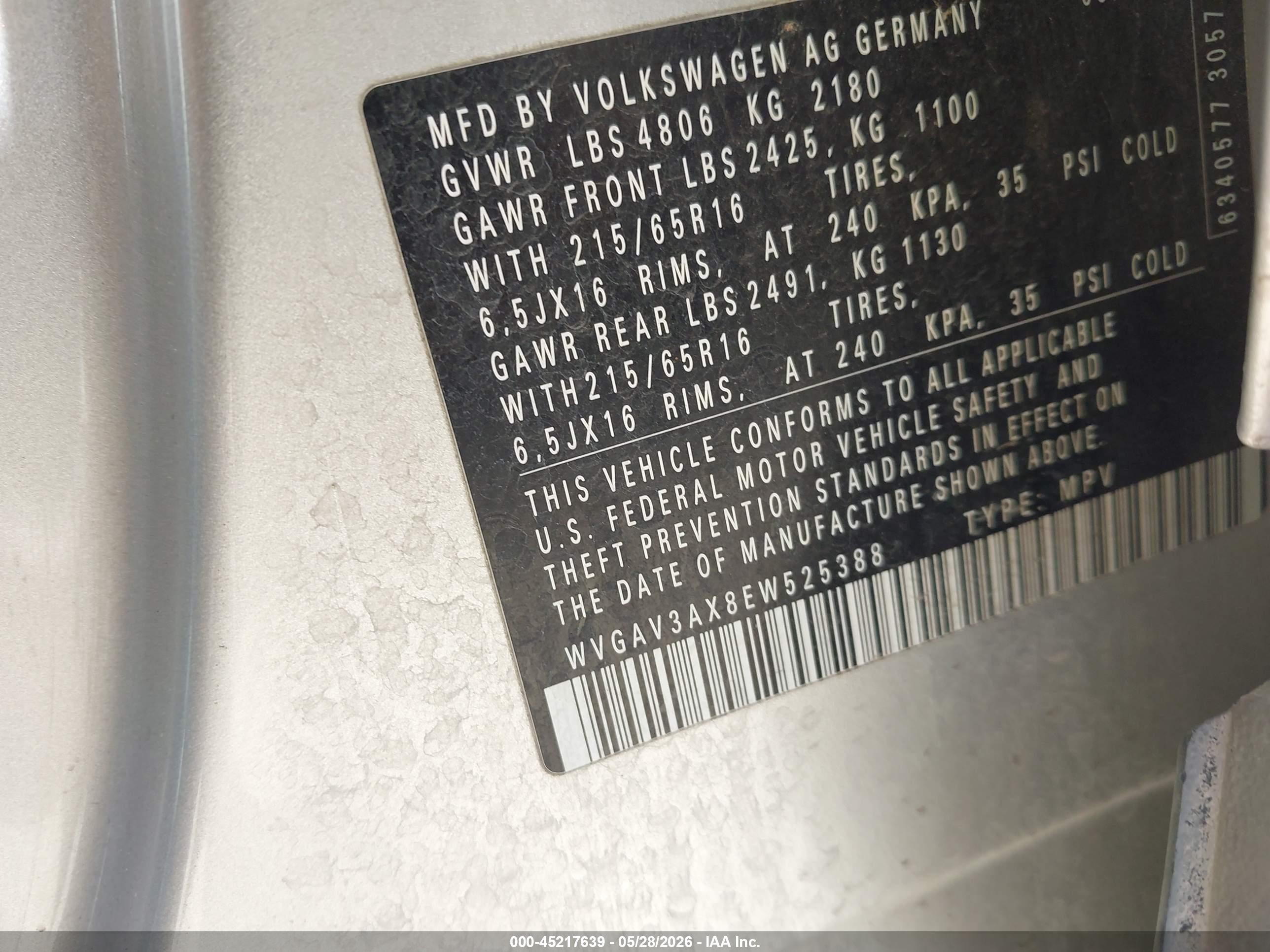 2014 Volkswagen Tiguan S Silver vin: WVGAV3AX8EW525388