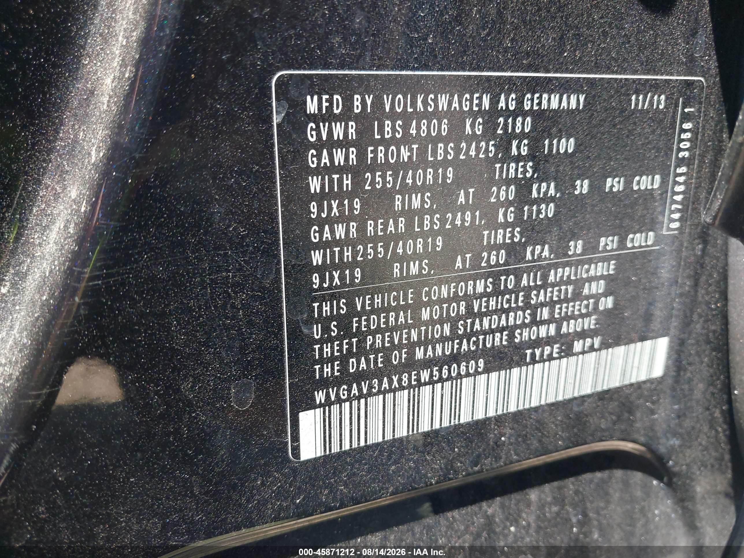 2014 Volkswagen Tiguan R-line Black vin: WVGAV3AX8EW560609