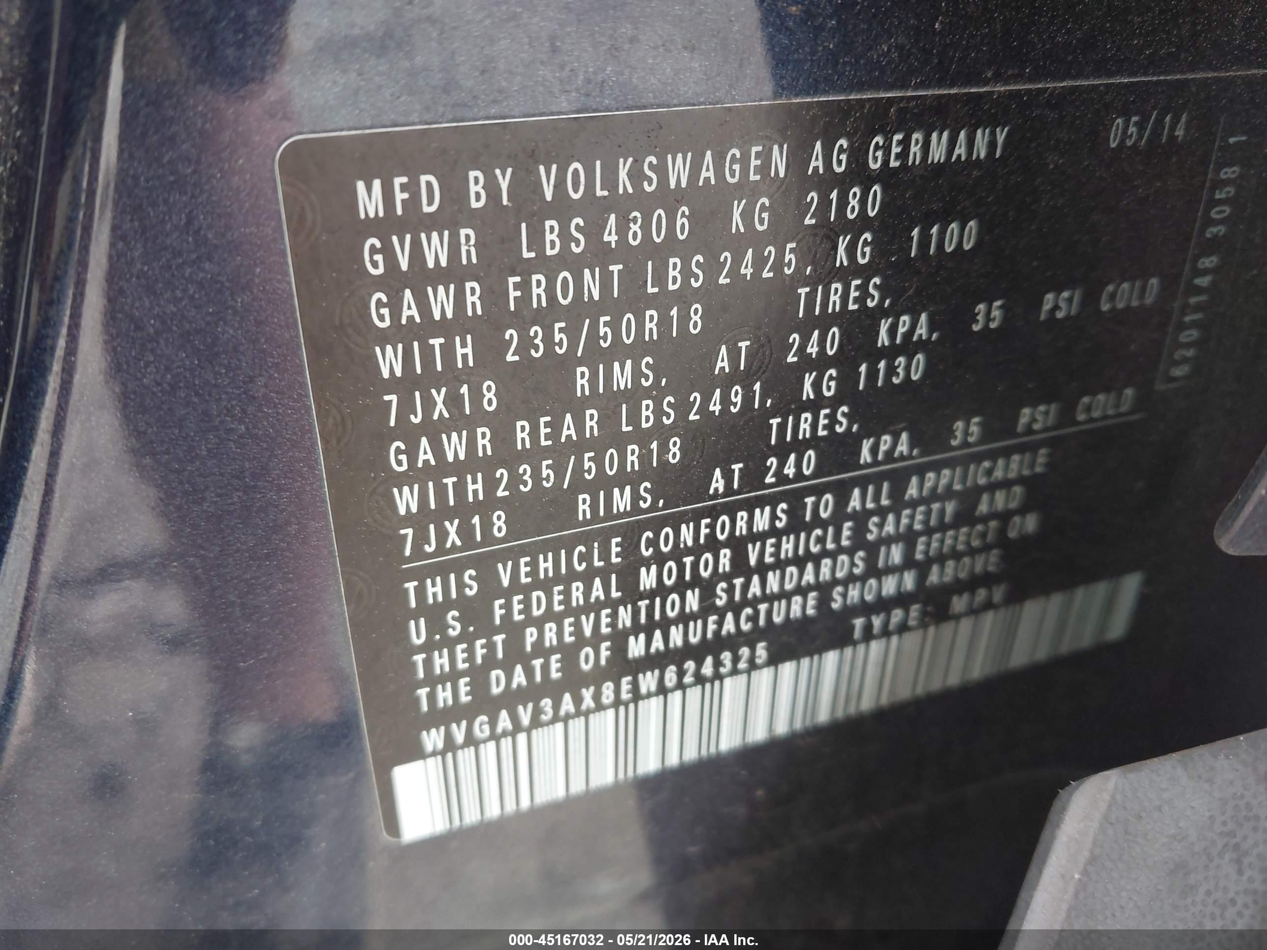 2014 Volkswagen Tiguan Se Blue vin: WVGAV3AX8EW624325