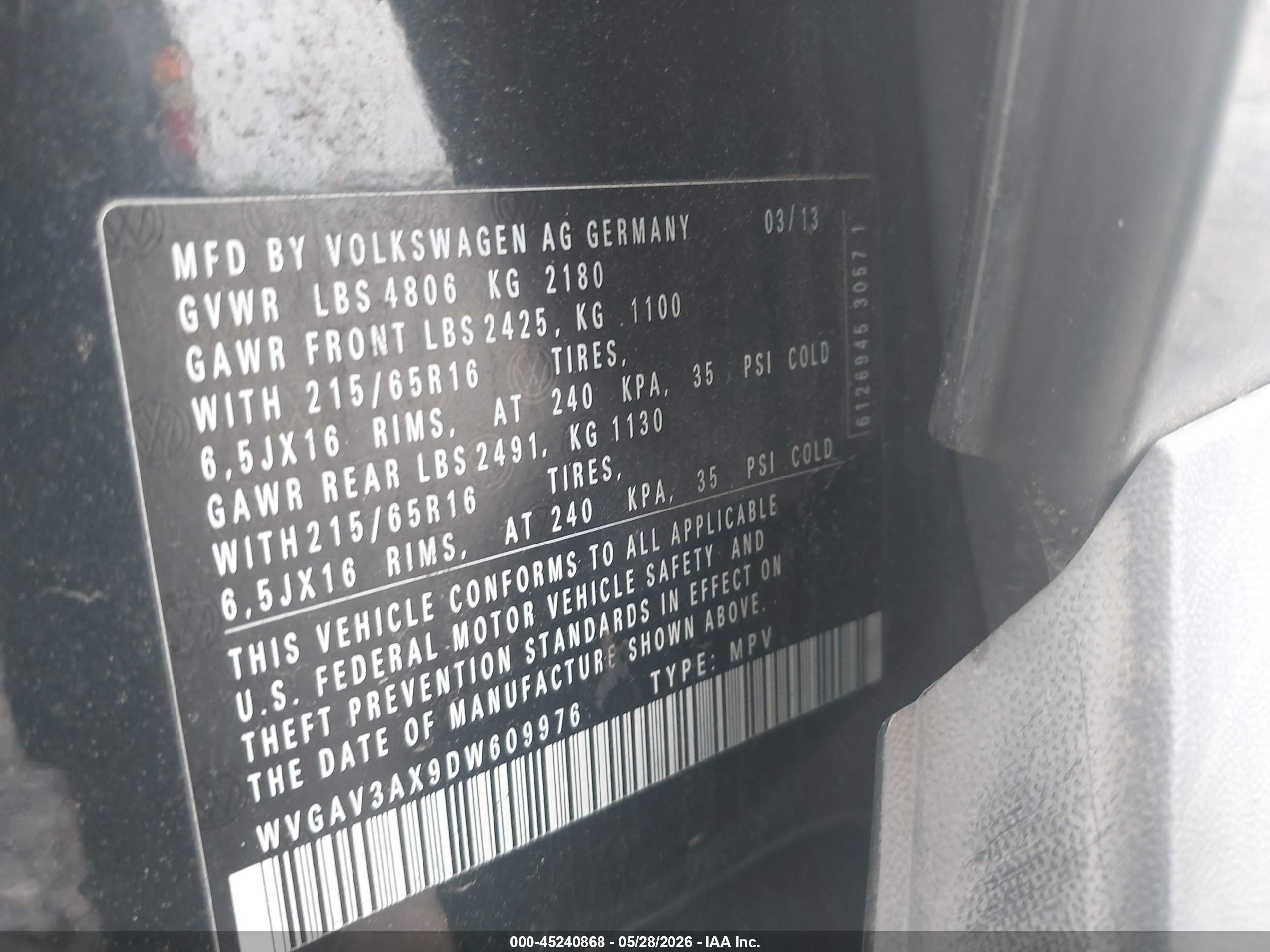 2013 Volkswagen Tiguan S Black vin: WVGAV3AX9DW609976