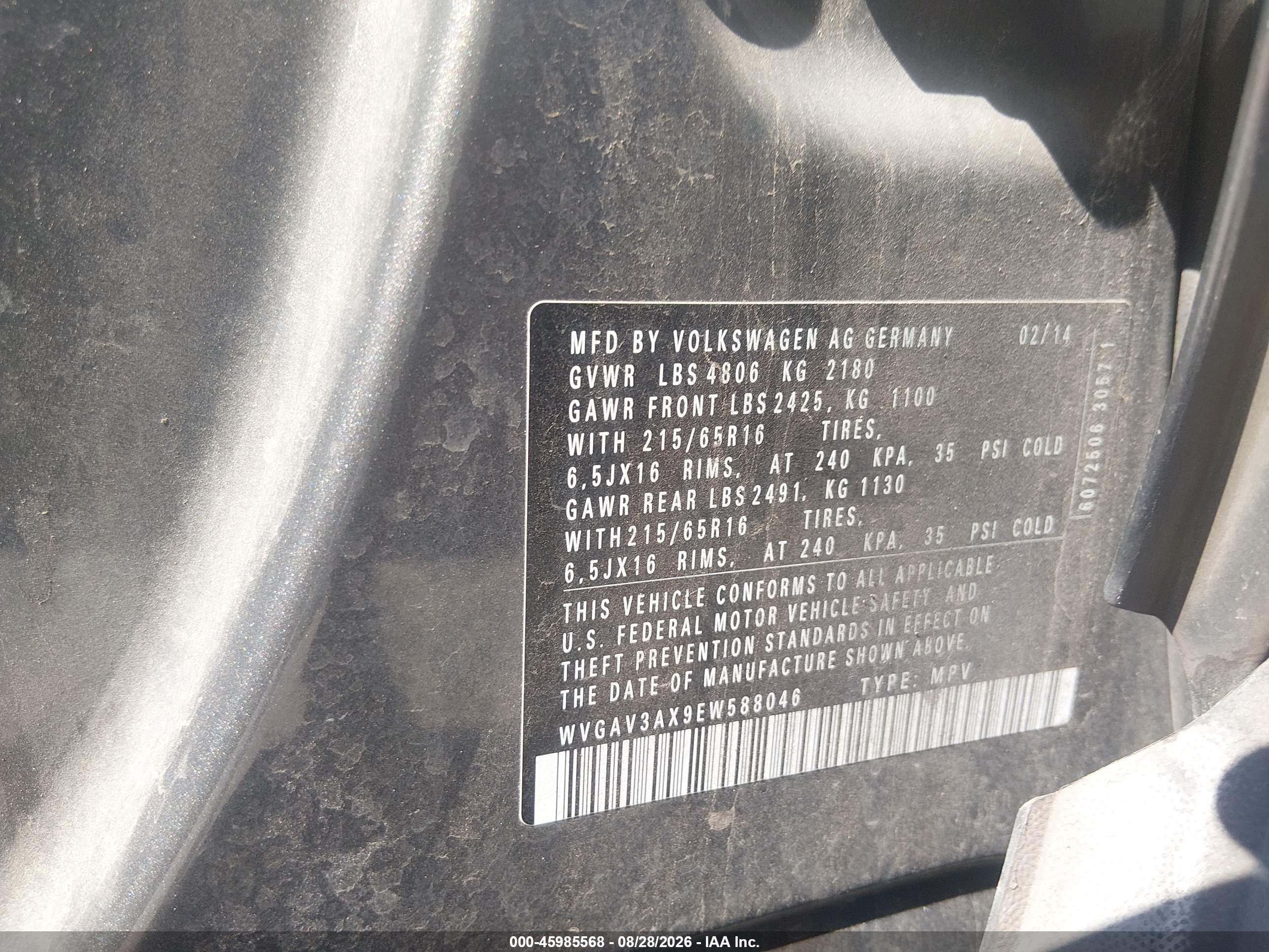 2014 Volkswagen Tiguan S Gray vin: WVGAV3AX9EW588046